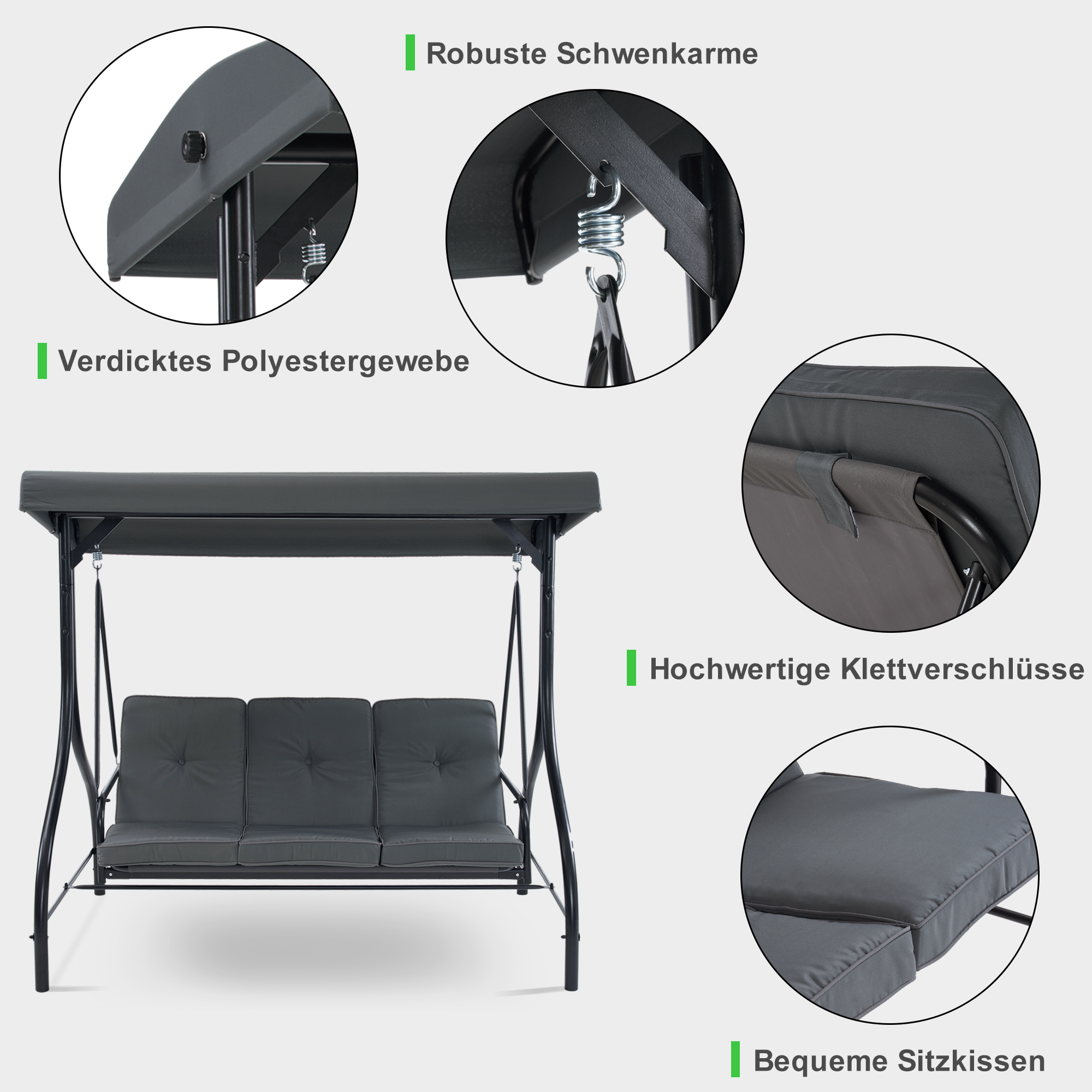 Hollywoodschommel met ligfunctie, 3-zits, weerbestendig, verstelbaar dak, donkergrijs – foto 5