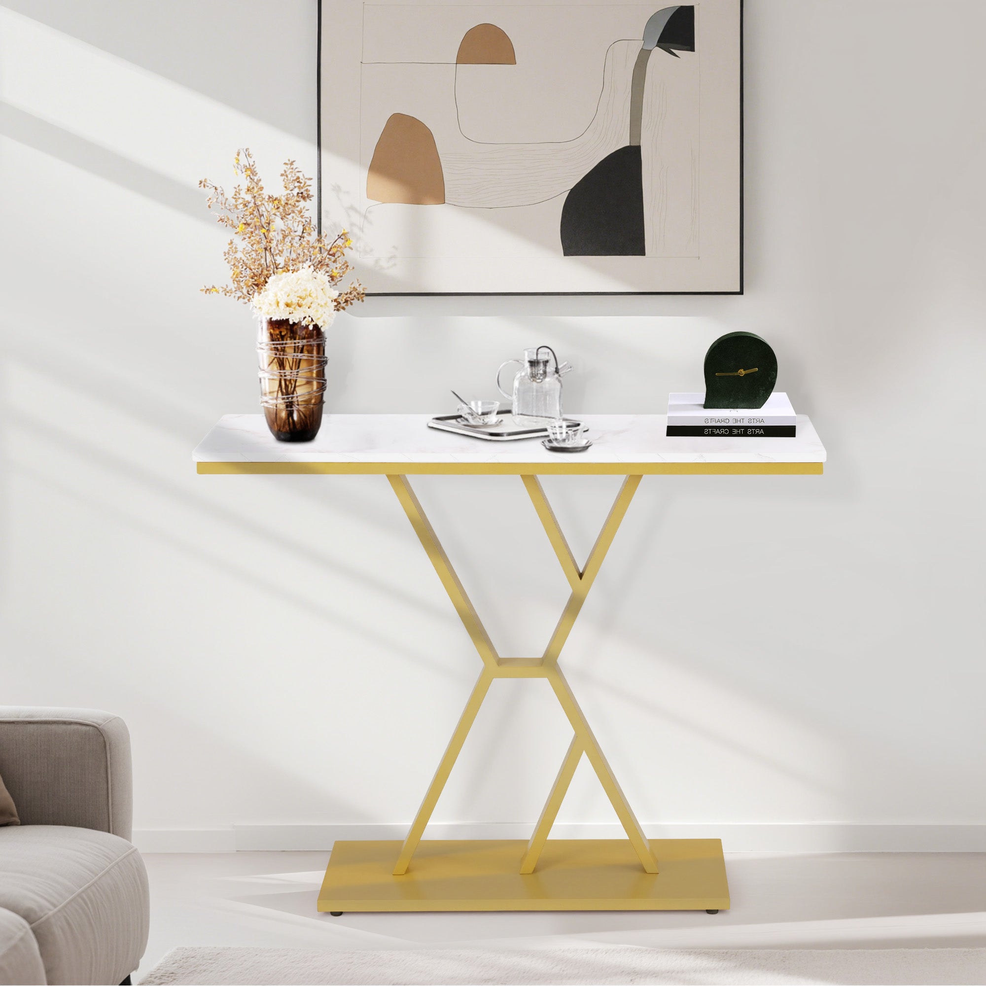 Smalle Conssole Tafel, Entreettafel Hout Metaal, 2 Niveaus, Marmerlook Goud, 100x30x80cm – foto 2