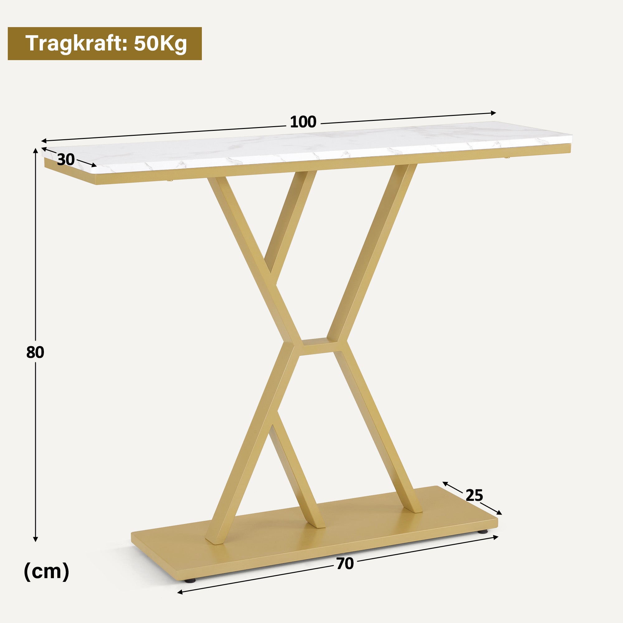 Smalle Conssole Tafel, Entreettafel Hout Metaal, 2 Niveaus, Marmerlook Goud, 100x30x80cm – foto 3