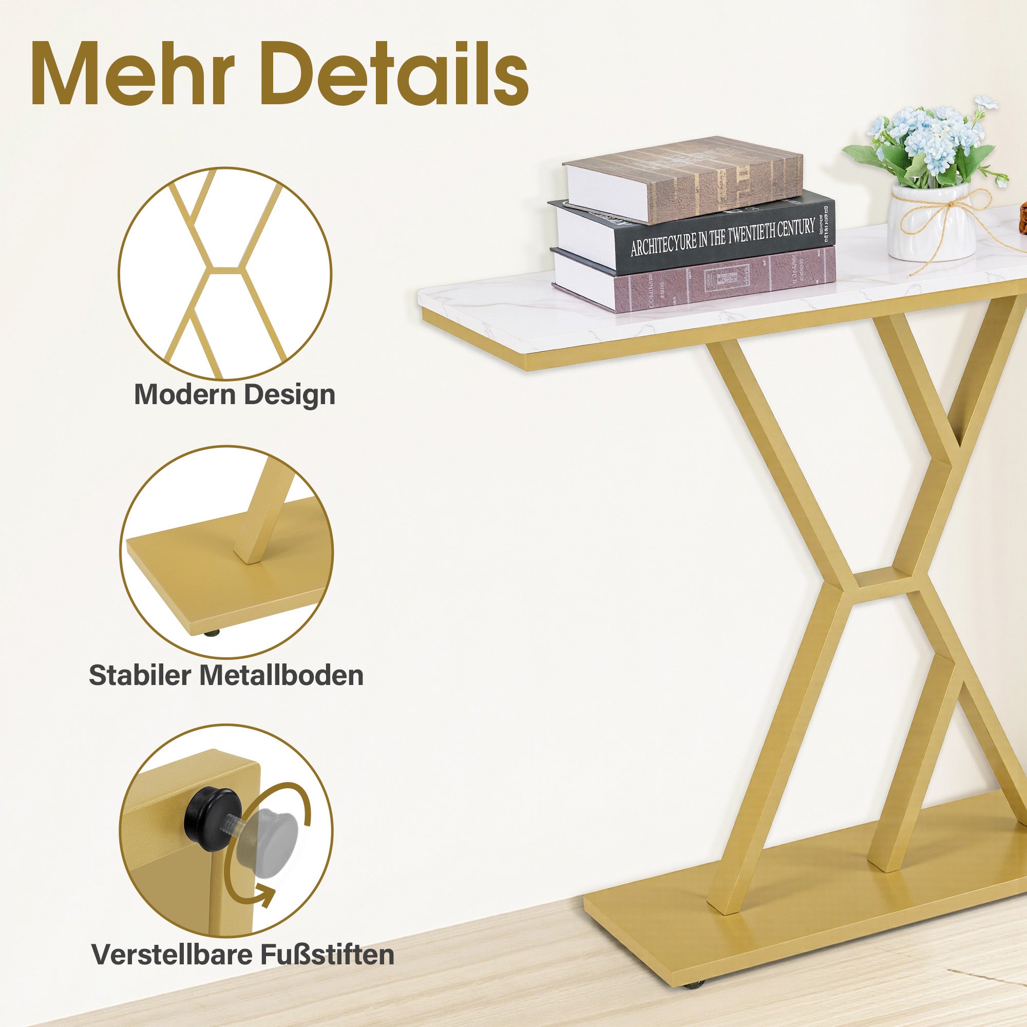 Smalle Conssole Tafel, Entreettafel Hout Metaal, 2 Niveaus, Marmerlook Goud, 100x30x80cm – foto 4