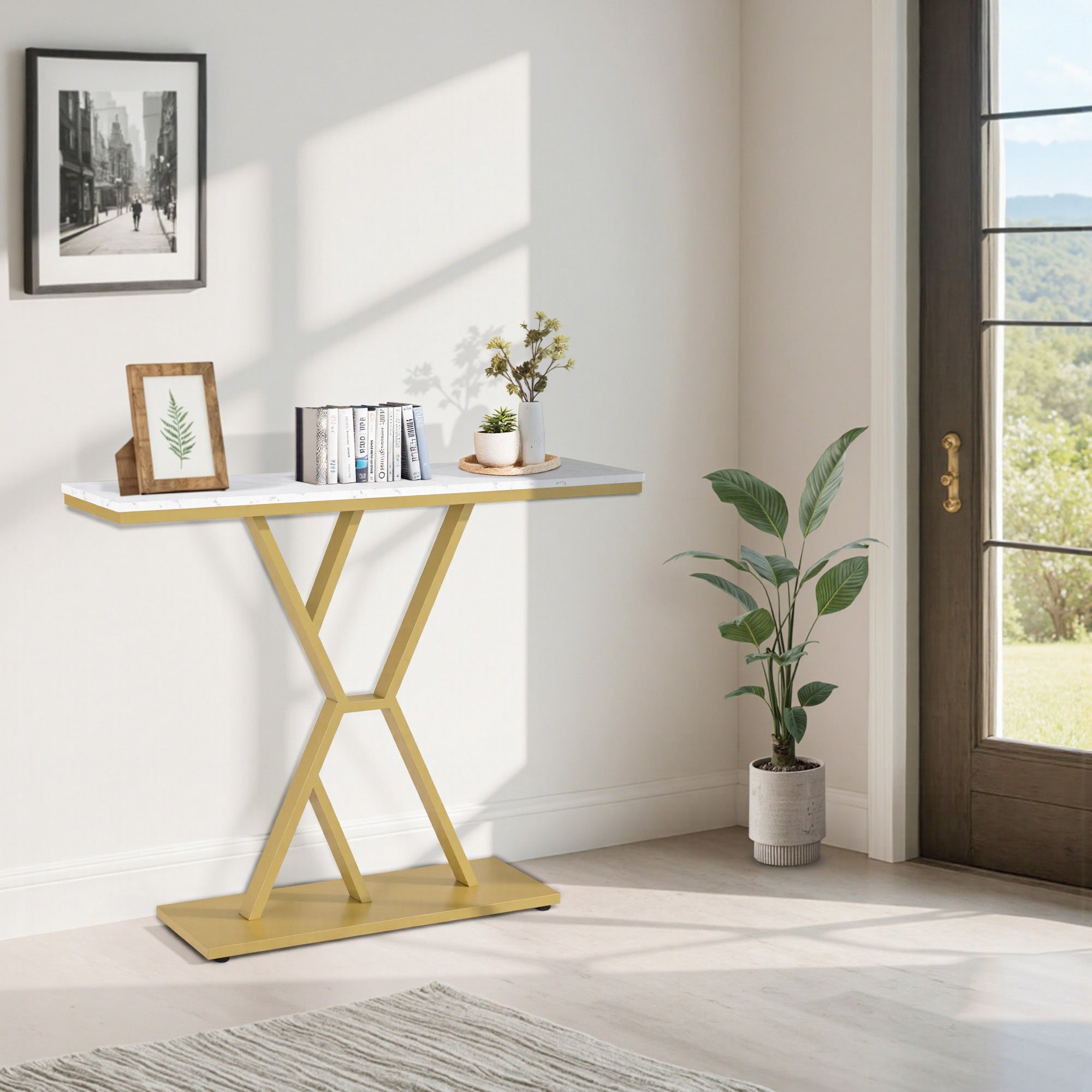 Smalle Conssole Tafel, Entreettafel Hout Metaal, 2 Niveaus, Marmerlook Goud, 100x30x80cm – foto 5
