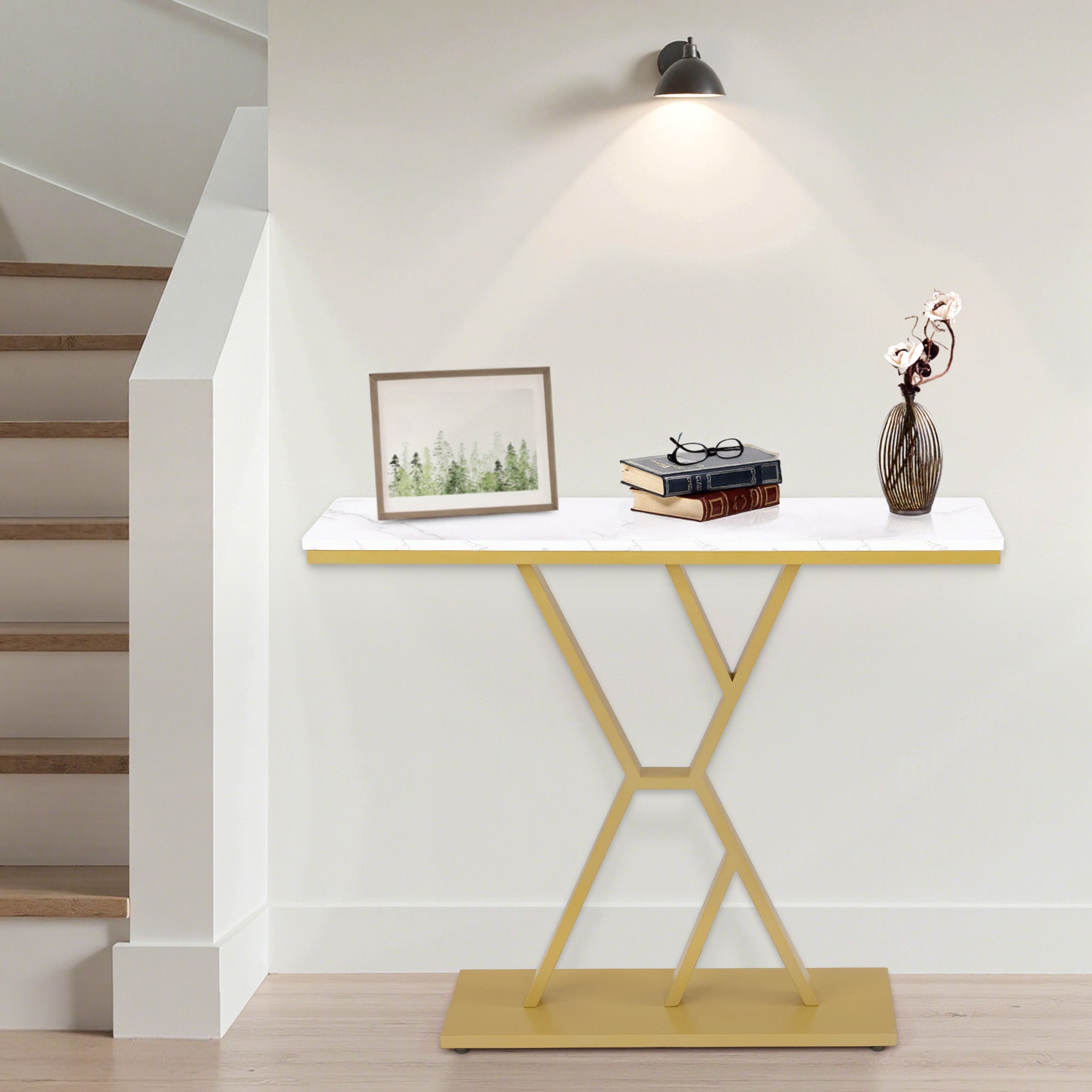 Smalle Conssole Tafel, Entreettafel Hout Metaal, 2 Niveaus, Marmerlook Goud, 100x30x80cm – foto 6