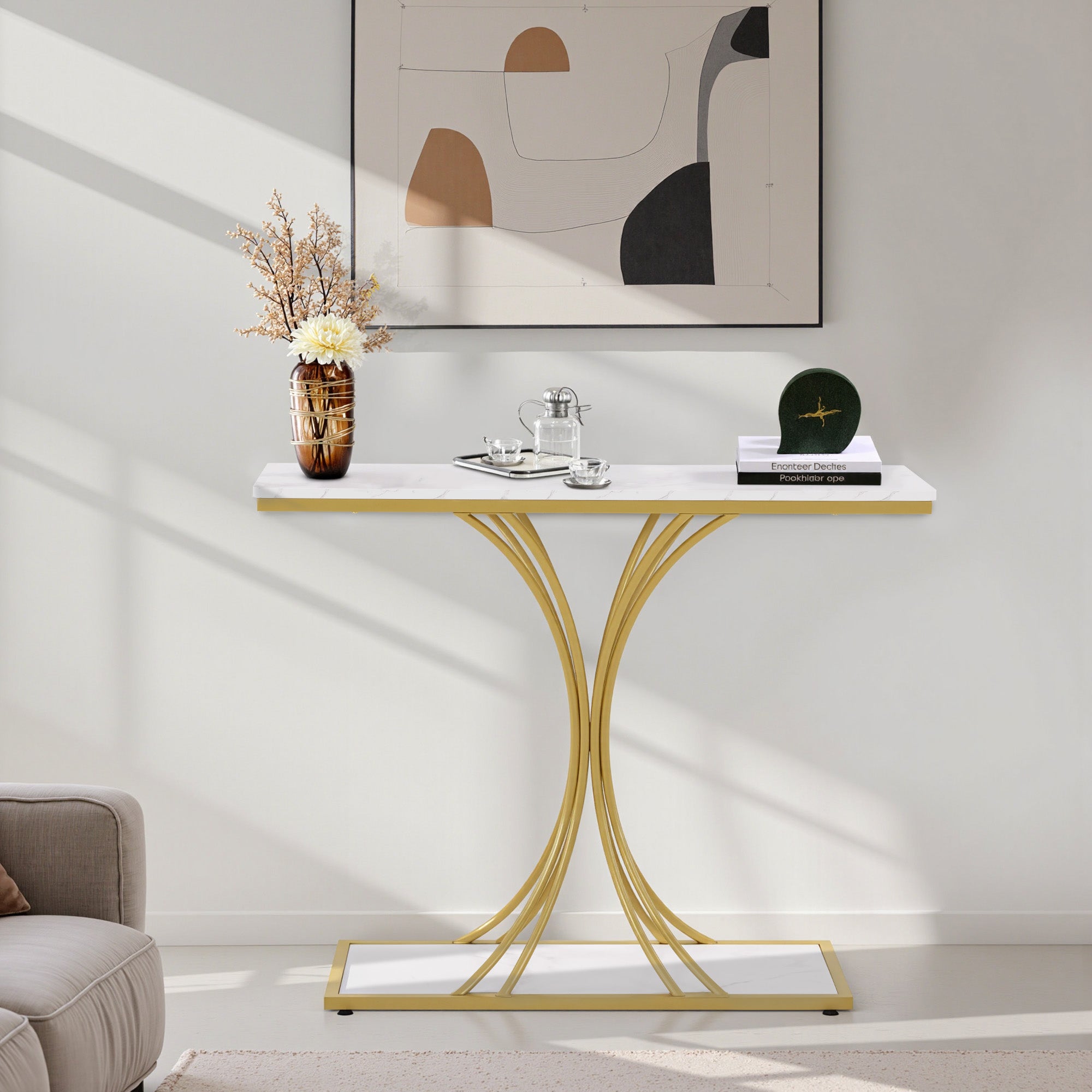 Smalle Conssole Tafel, Entreettafel Hout Metaal, 2 Niveaus, Marmerlook Goud, 100x30x80,5cm – foto 2