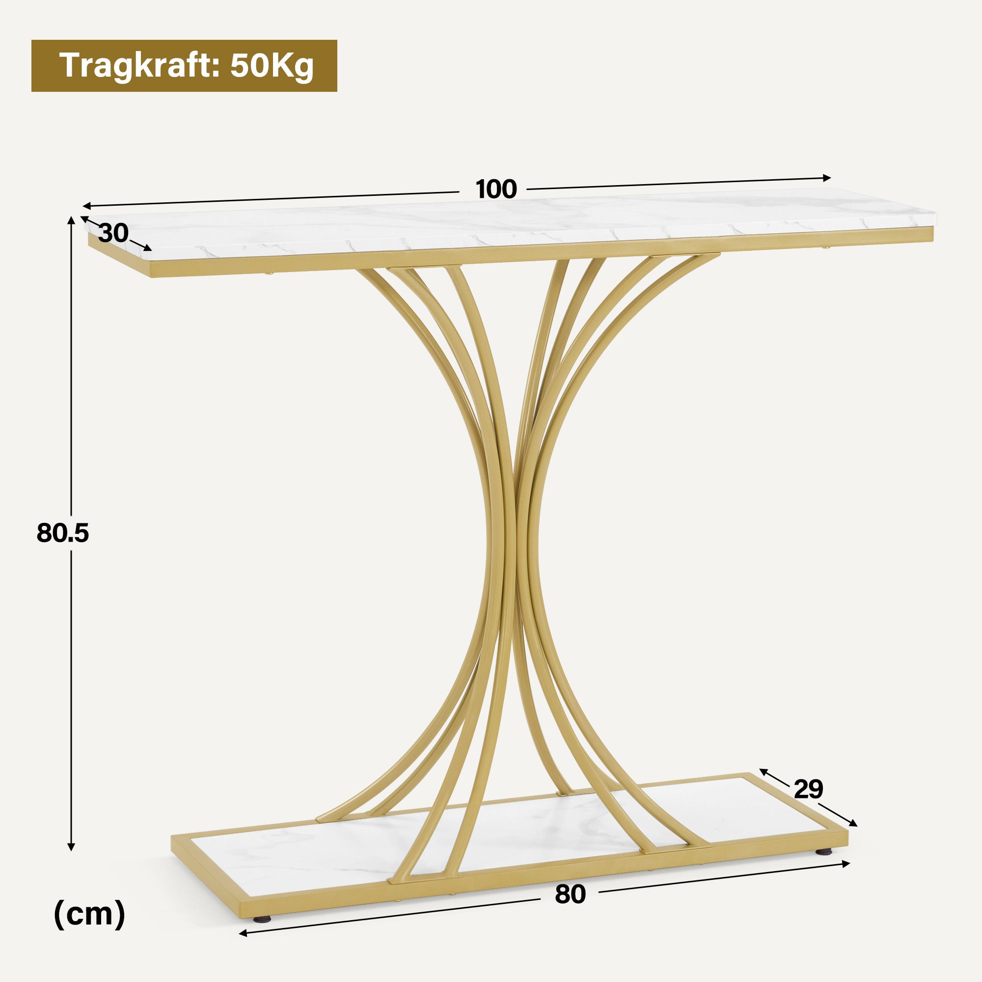 Smalle Conssole Tafel, Entreettafel Hout Metaal, 2 Niveaus, Marmerlook Goud, 100x30x80,5cm – foto 3