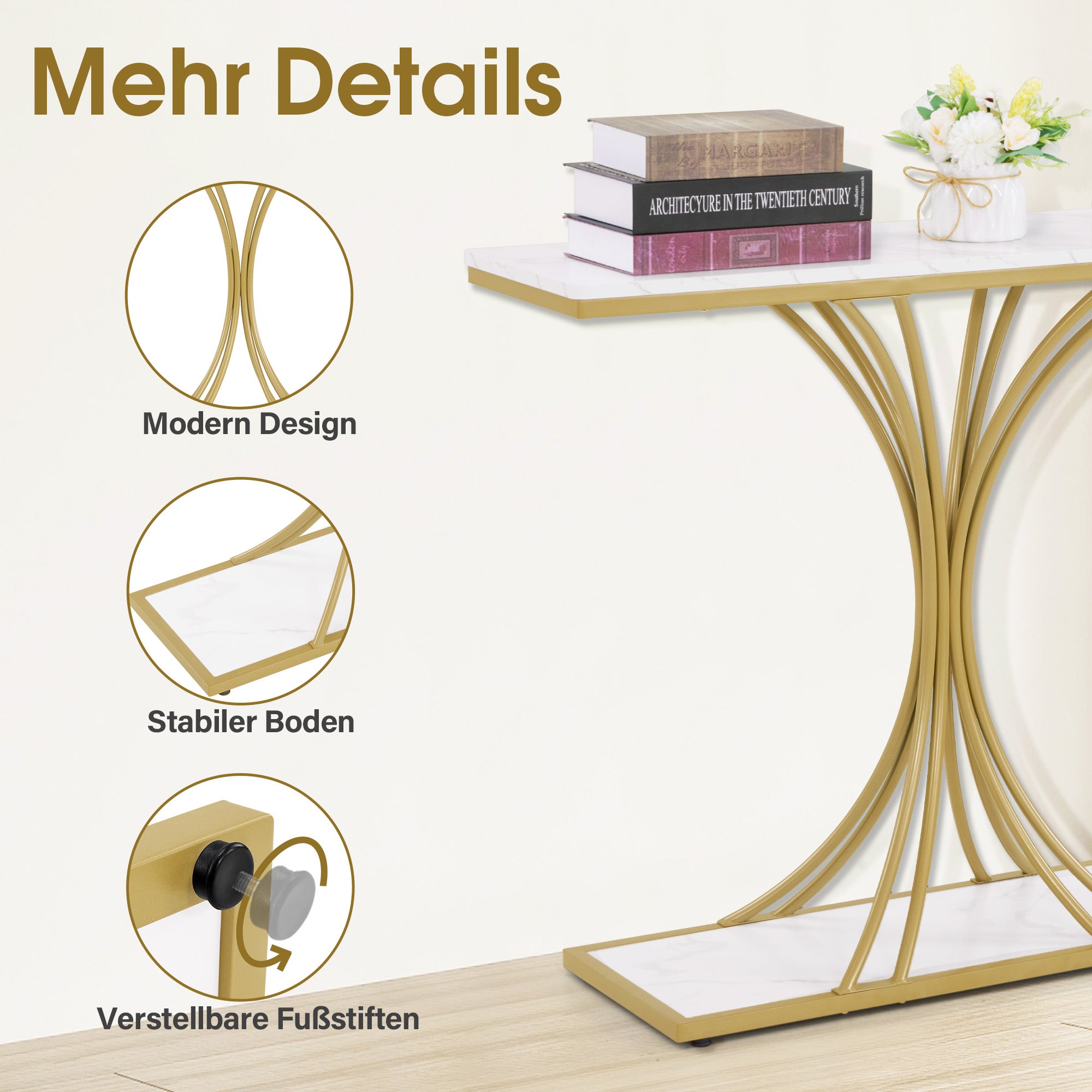 Smalle Conssole Tafel, Entreettafel Hout Metaal, 2 Niveaus, Marmerlook Goud, 100x30x80,5cm – foto 4