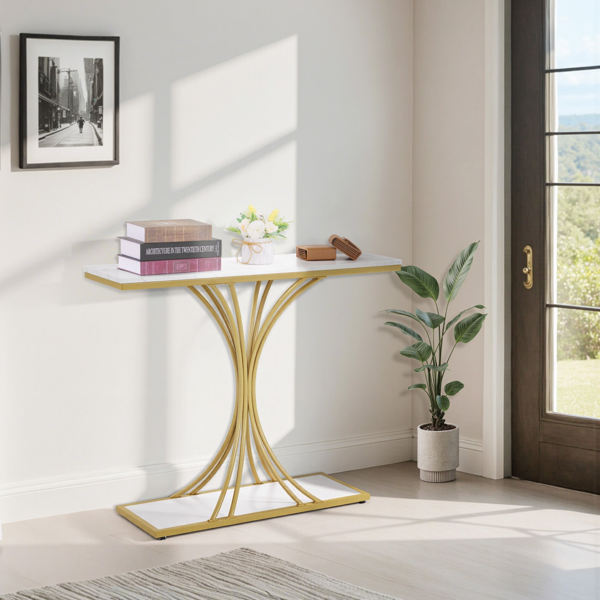 Smalle Conssole Tafel, Entreettafel Hout Metaal, 2 Niveaus, Marmerlook Goud, 100x30x80,5cm – foto 5