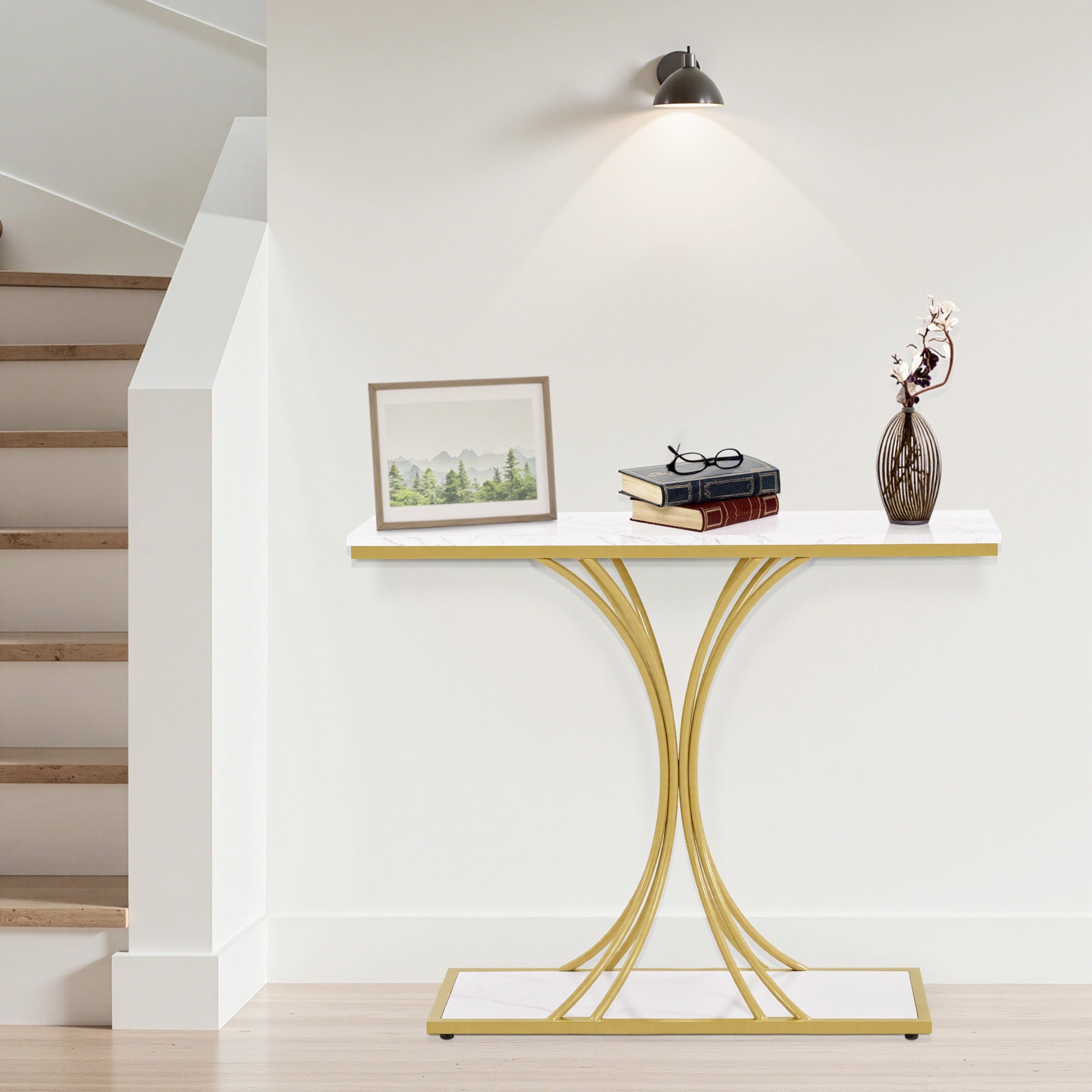 Smalle Conssole Tafel, Entreettafel Hout Metaal, 2 Niveaus, Marmerlook Goud, 100x30x80,5cm – foto 6