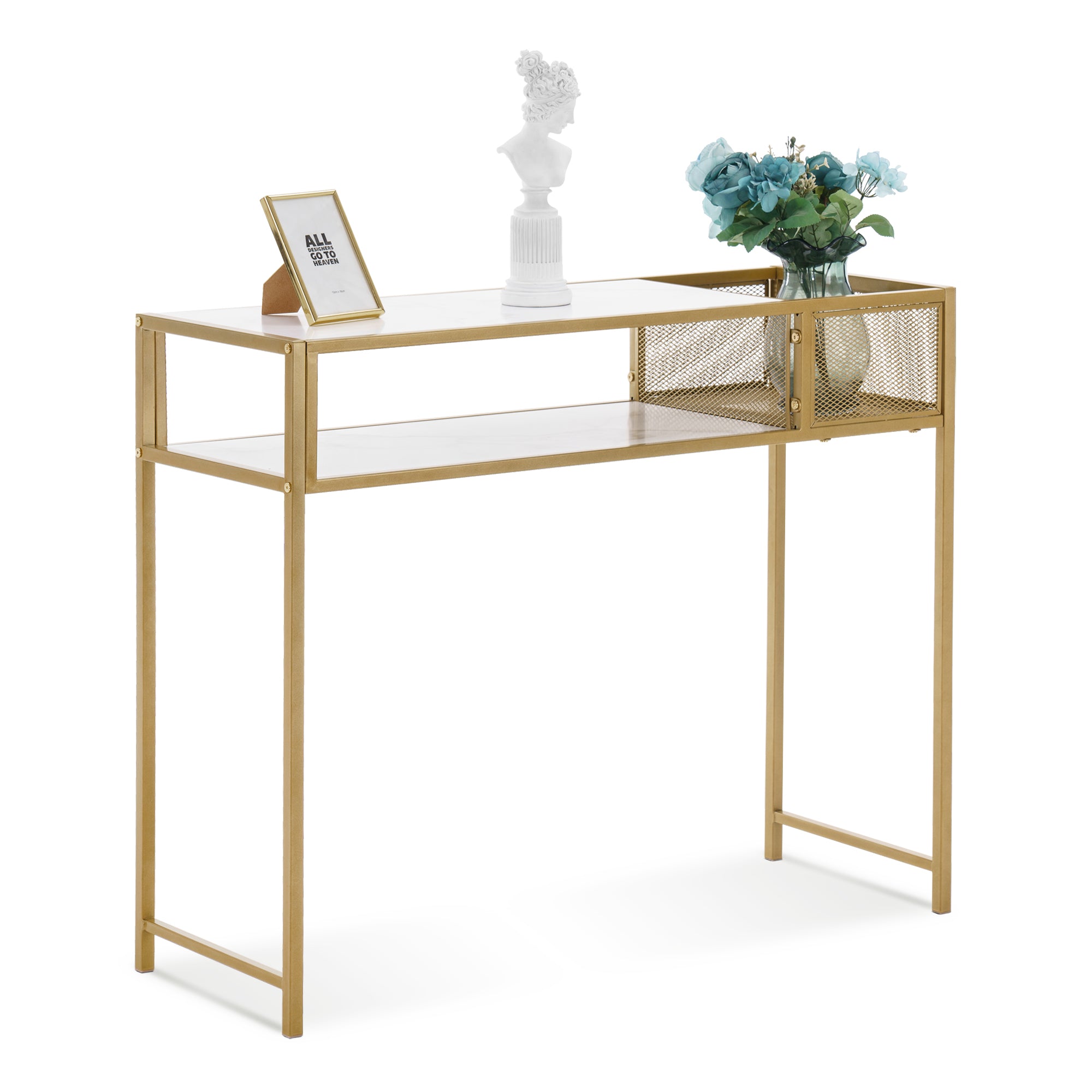Console tafel Smal Marmer Goud, Bijzettafel met 2 vakken & metalen frame – foto 1