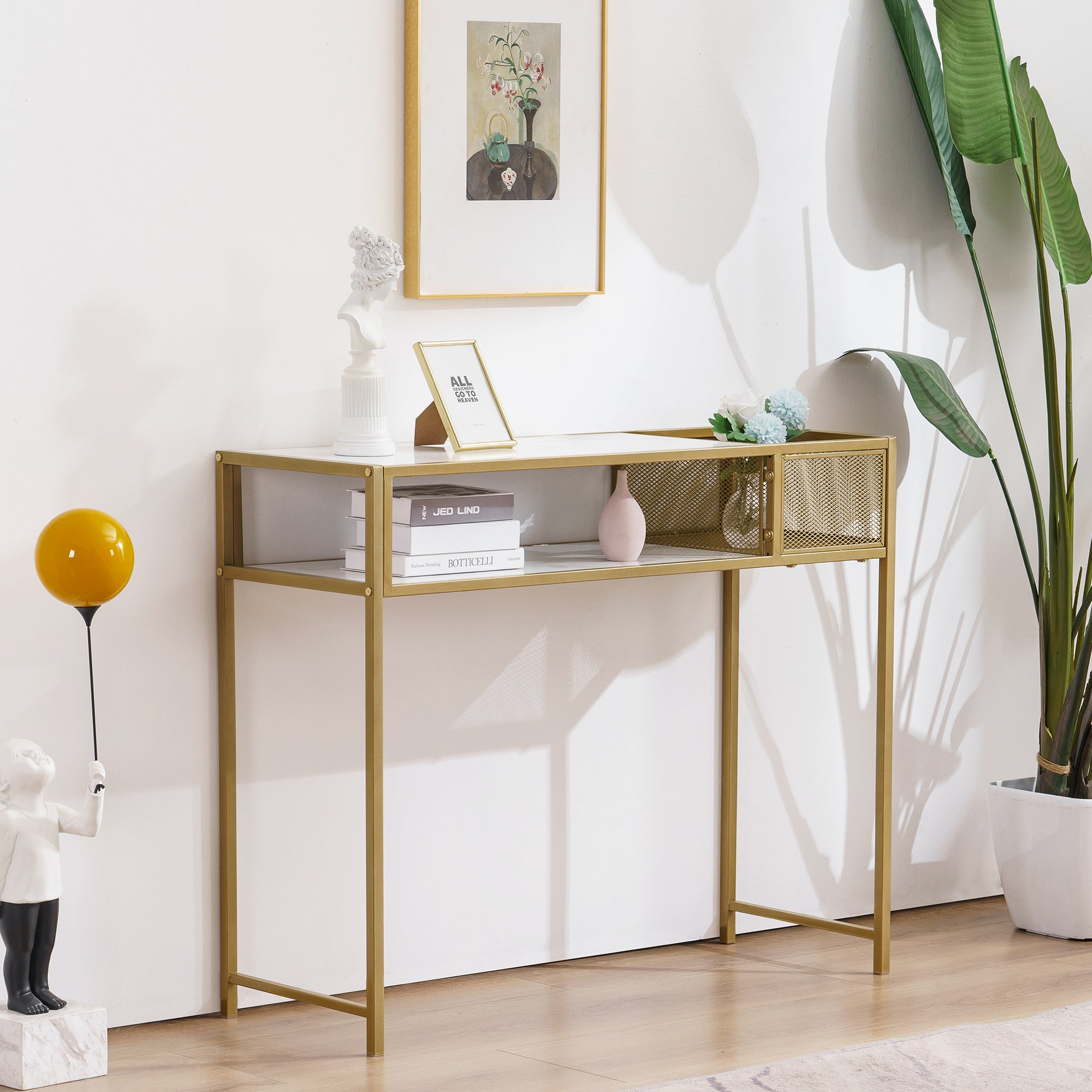 Console tafel Smal Marmer Goud, Bijzettafel met 2 vakken & metalen frame – foto 2