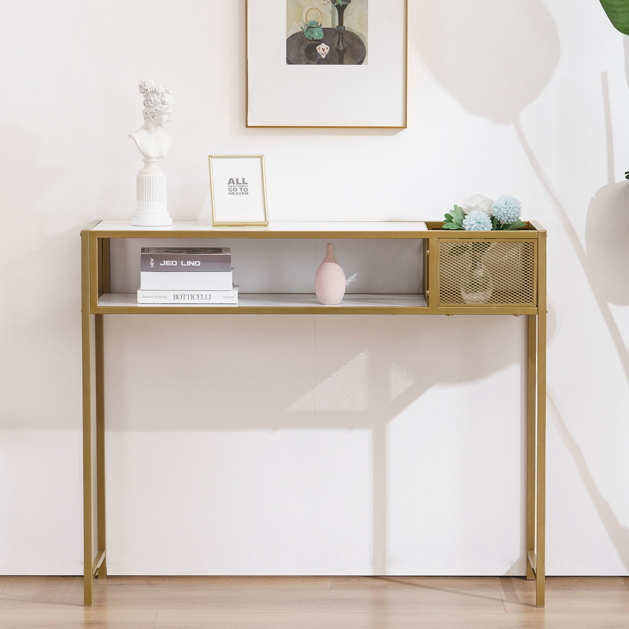 Console tafel Smal Marmer Goud, Bijzettafel met 2 vakken & metalen frame – foto 3