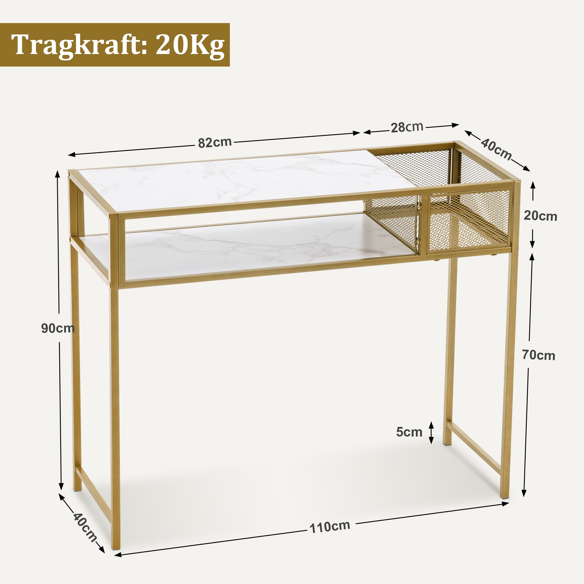Console tafel Smal Marmer Goud, Bijzettafel met 2 vakken & metalen frame – foto 4
