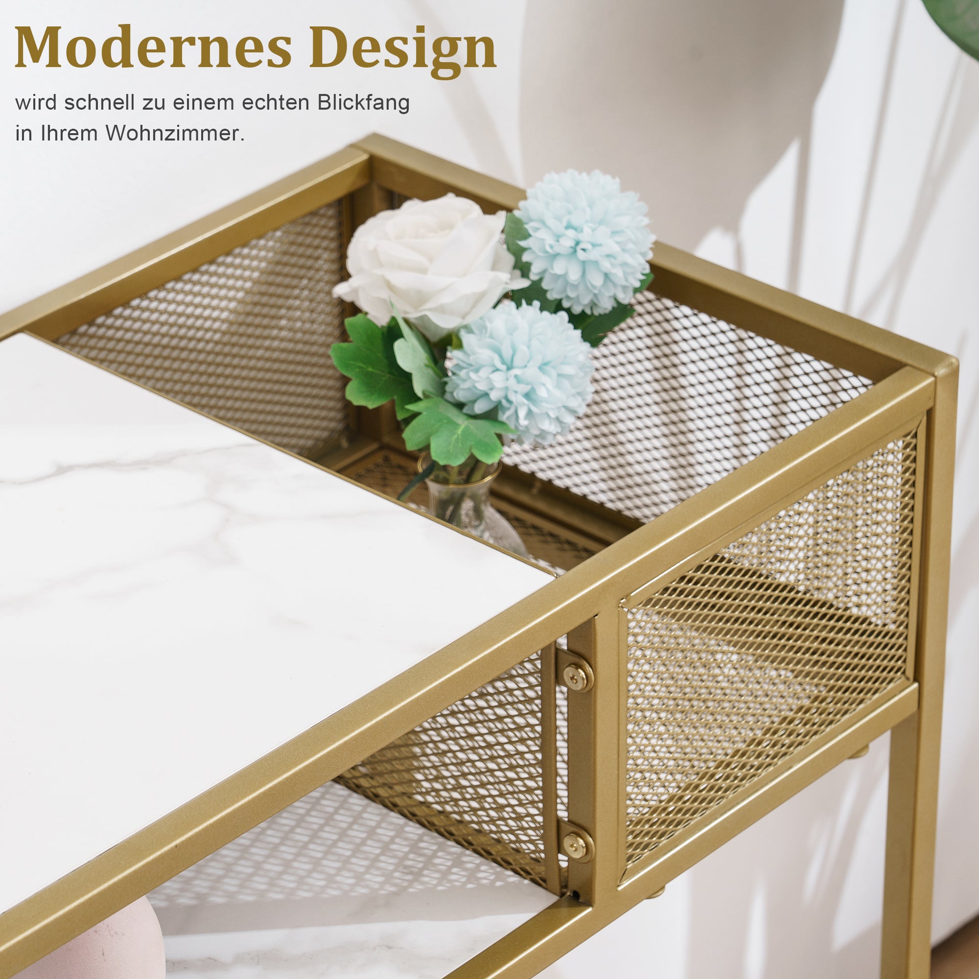 Console tafel Smal Marmer Goud, Bijzettafel met 2 vakken & metalen frame – foto 6