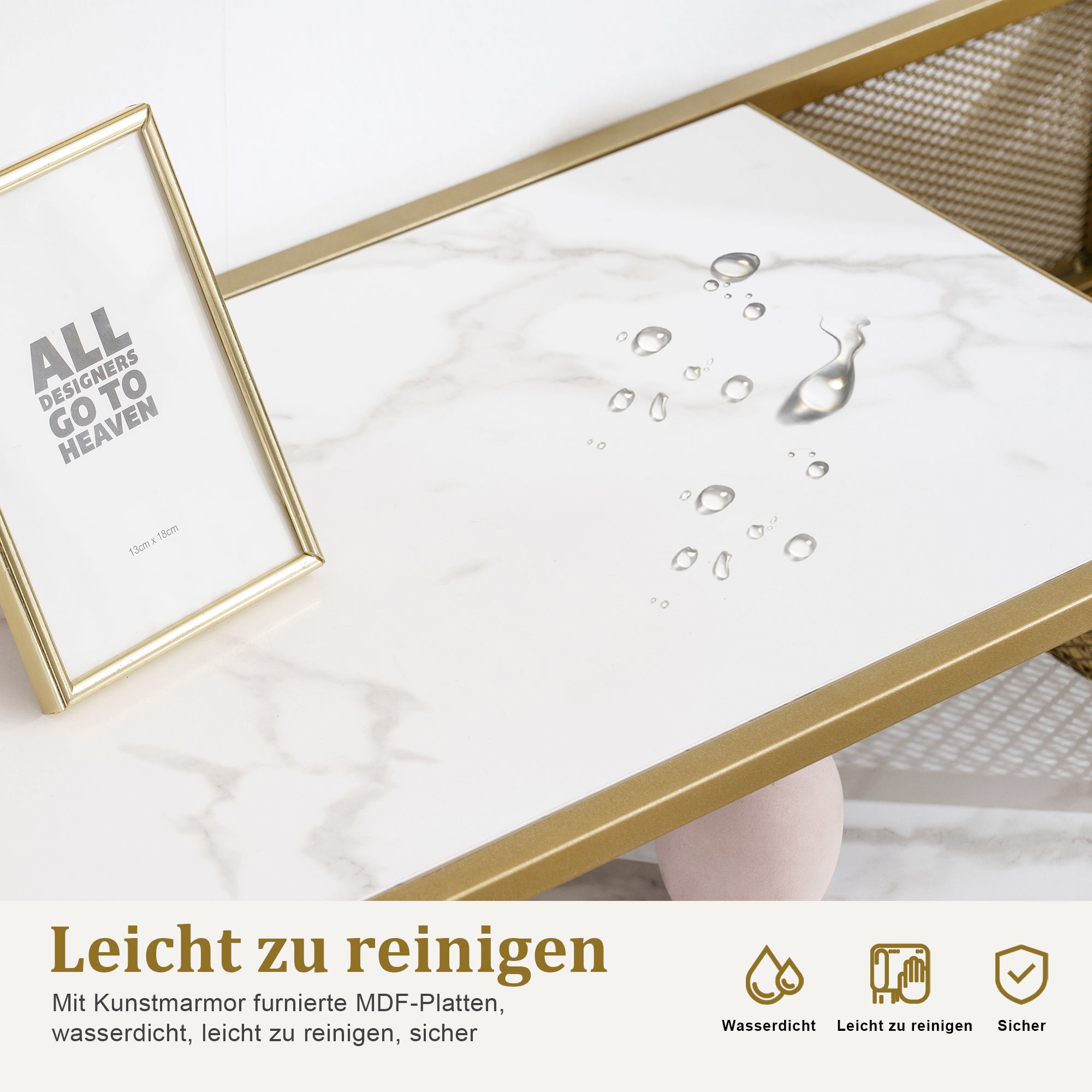 Console tafel Smal Marmer Goud, Bijzettafel met 2 vakken & metalen frame – foto 7