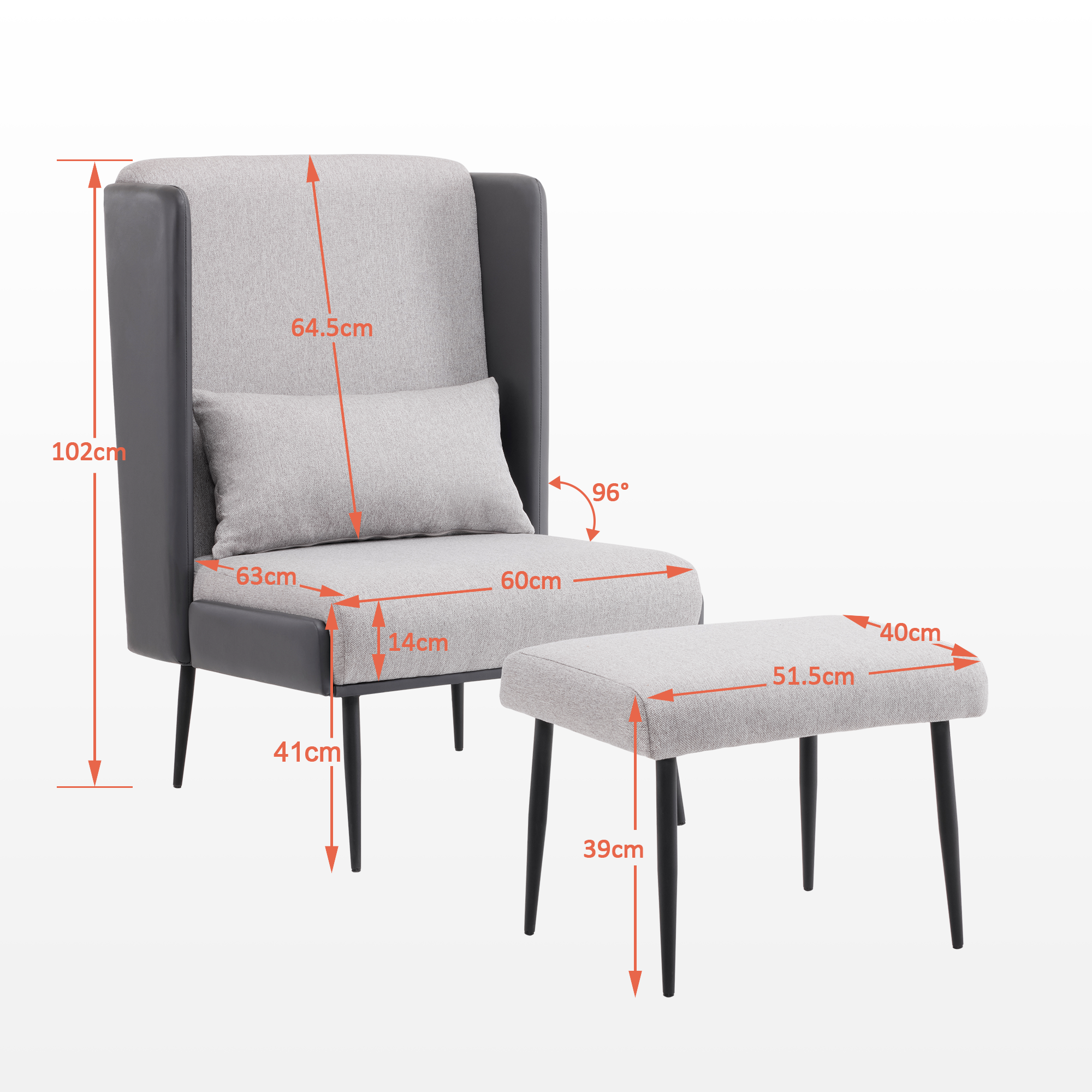 oorfauteuil met voetenbank, gestoffeerde relaxfauteuil, comfortabele leesstoel, TV-fauteuil met vleugelrug, loungesfauteuil, stof/kunstleer 4707 (Grijs) – foto 3