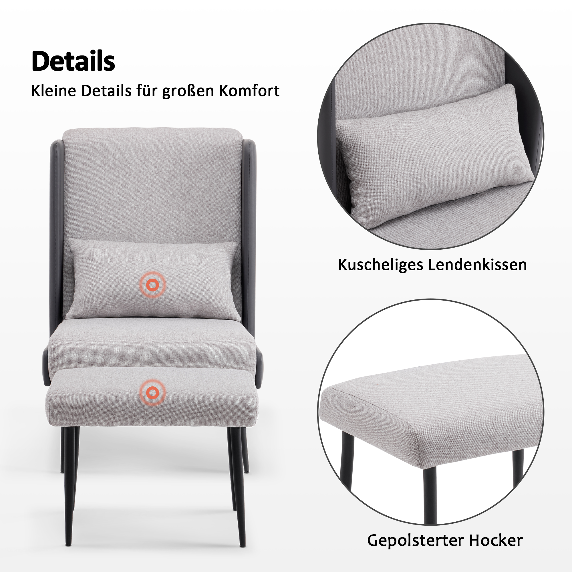 oorfauteuil met voetenbank, gestoffeerde relaxfauteuil, comfortabele leesstoel, TV-fauteuil met vleugelrug, loungesfauteuil, stof/kunstleer 4707 (Grijs) – foto 6