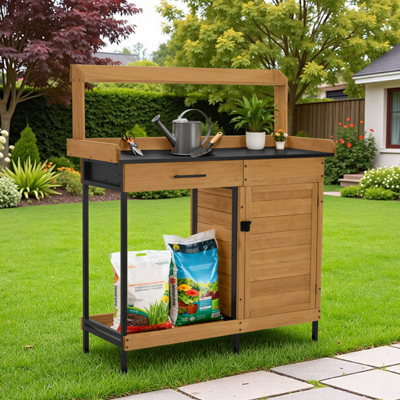 Plantentafel met lade, plank, gegalvaniseerd werkblad en kast (natuur) – foto 2