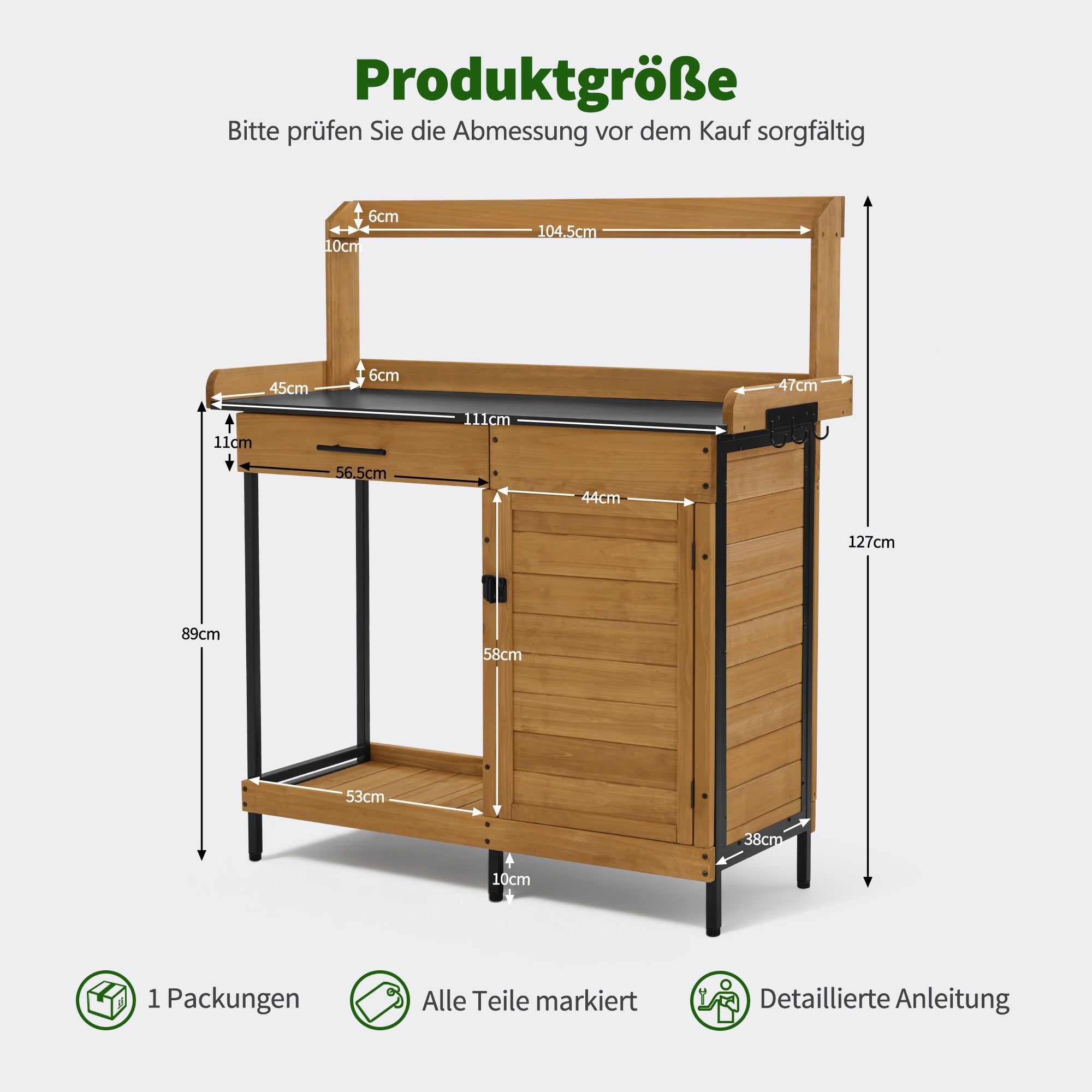 Plantentafel met lade, plank, gegalvaniseerd werkblad en kast (natuur) – foto 3
