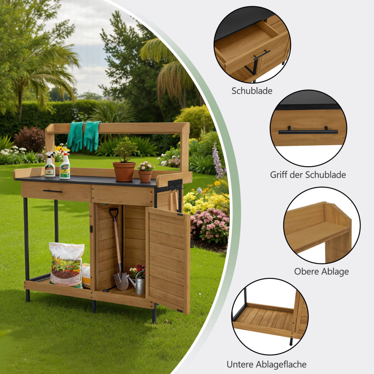 Plantentafel met lade, plank, gegalvaniseerd werkblad en kast (natuur) – foto 4