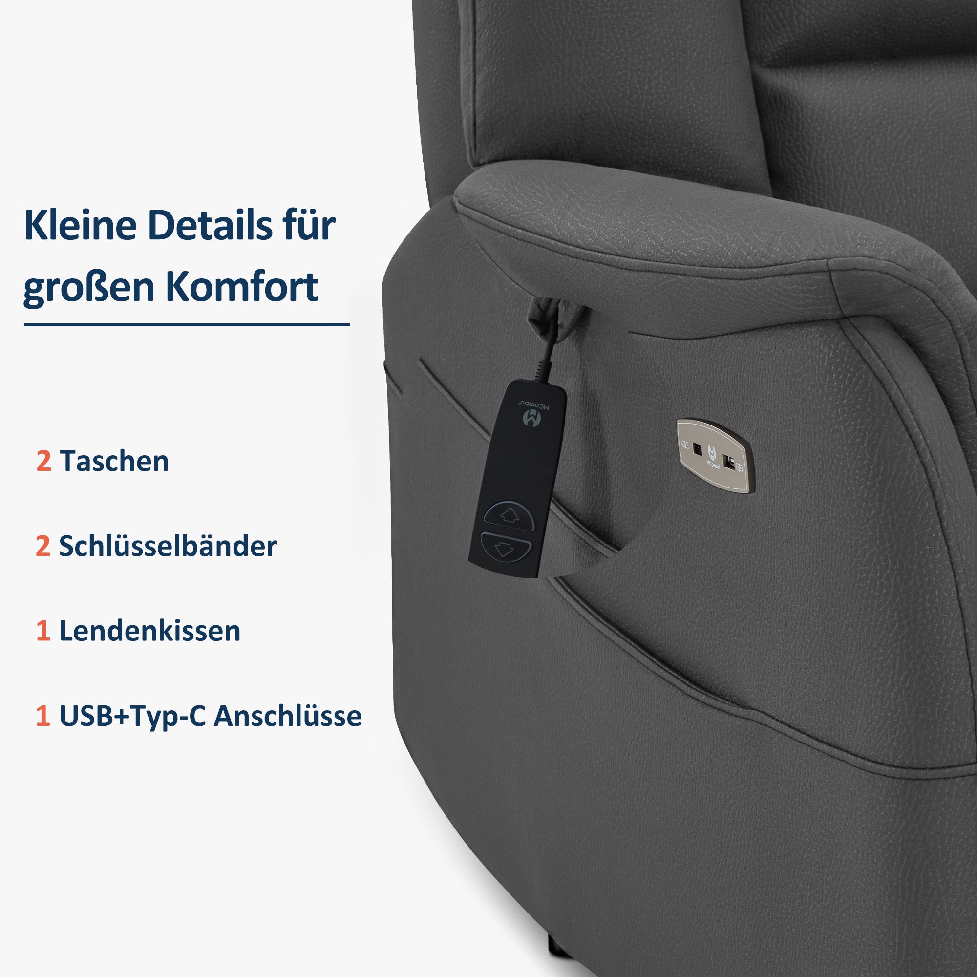 Elektrische relax-/massagestoel, wandnah, USB/Type-C, lendenkussen, 7063 – foto 14