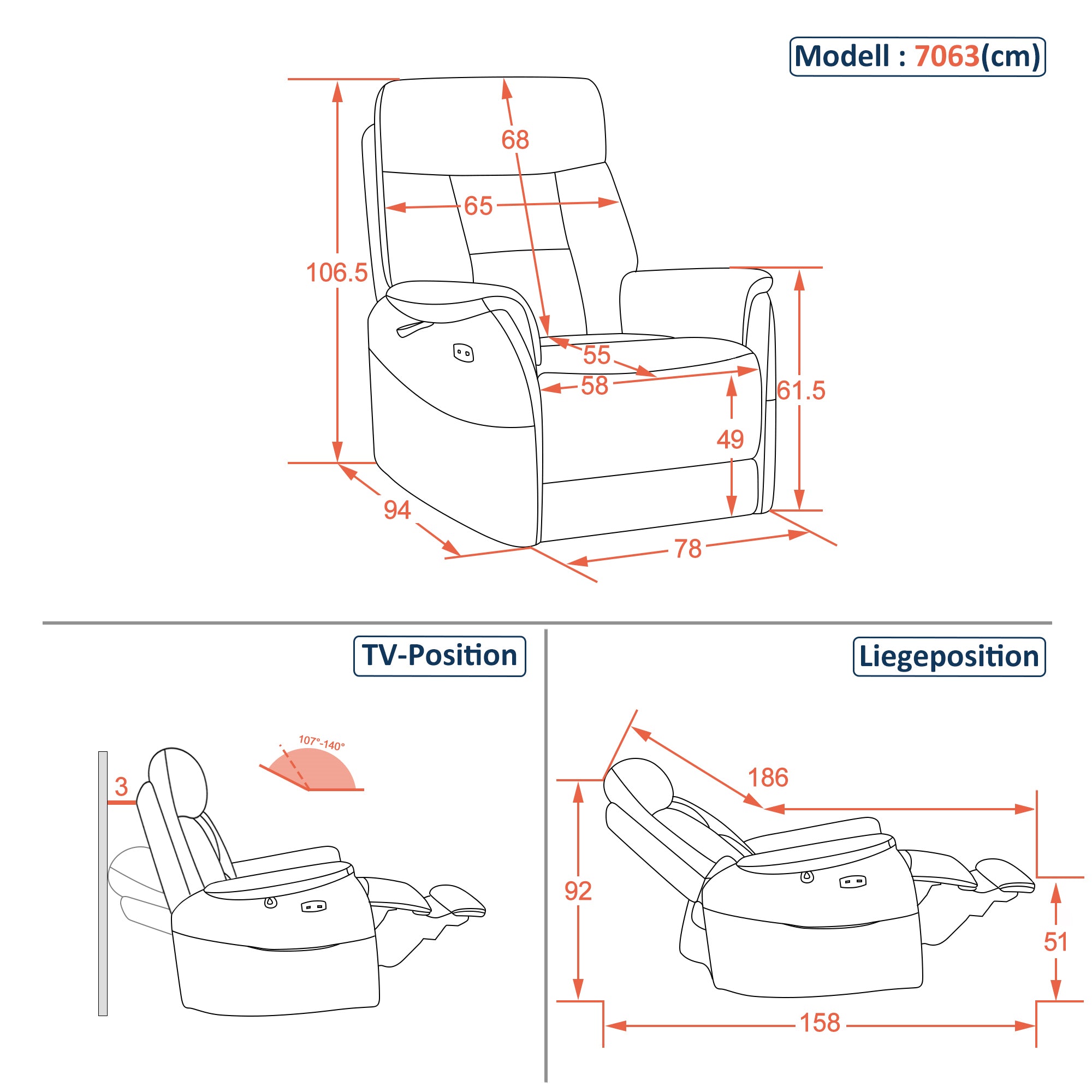 Elektrische relax-/massagestoel, wandnah, USB/Type-C, lendenkussen, 7063 – foto 3