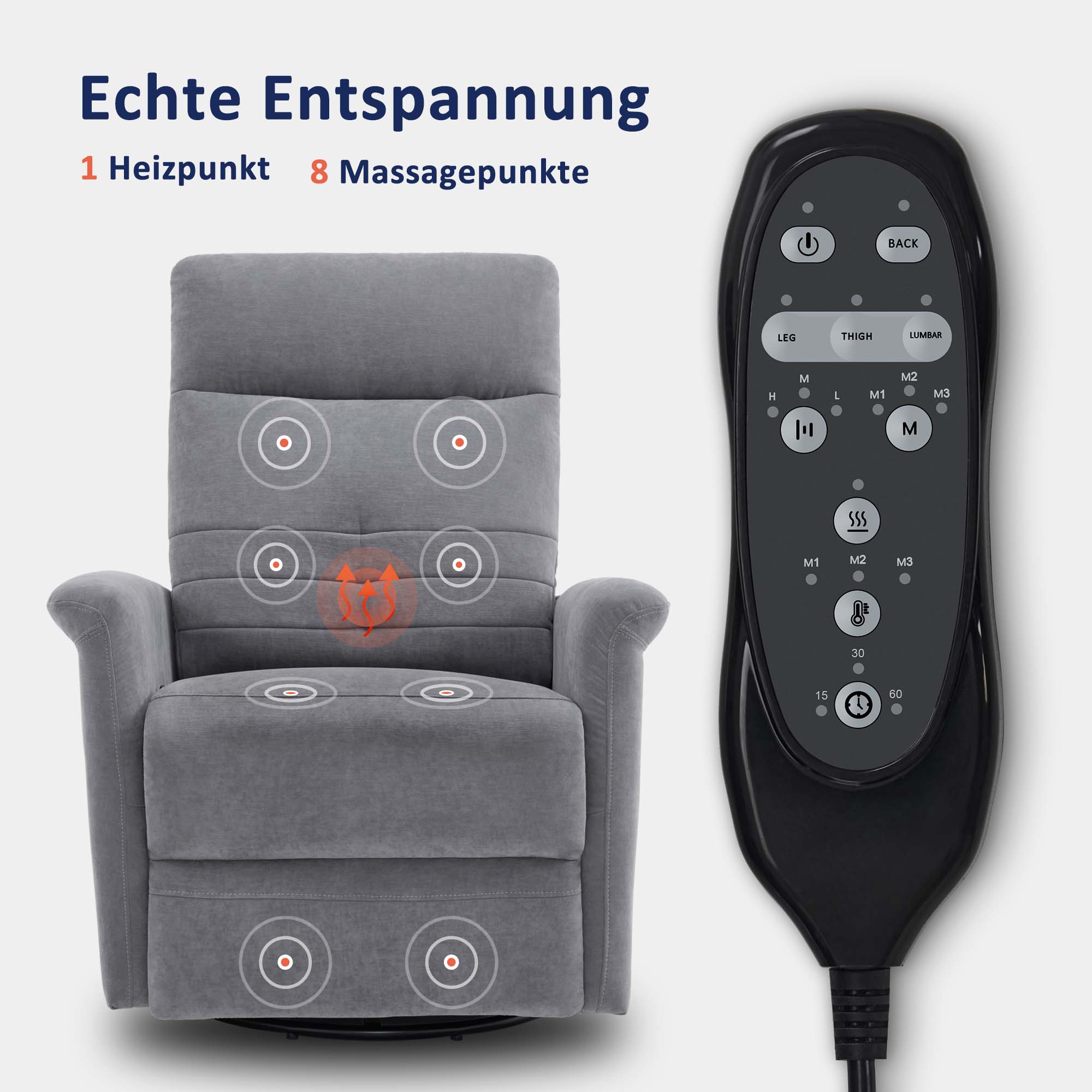 Relaxfauteuil Massagestoel met warmte, TV-stoel met kantel- & draaifunctie, 270° draaibaar – foto 8
