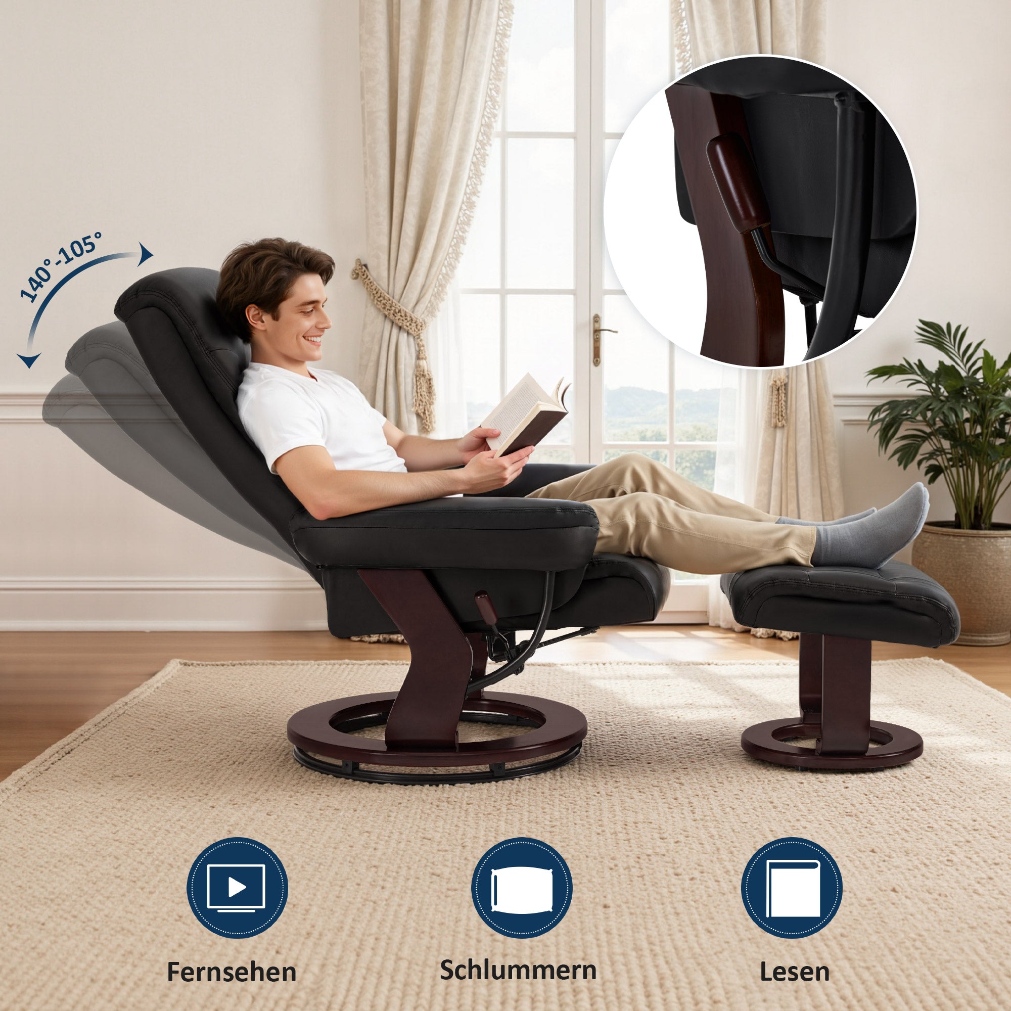 Relaxfauteuil met Hocker - 360° Draaibaar, Kussen & Zaktas, tot 120 kg (9035) – foto 11
