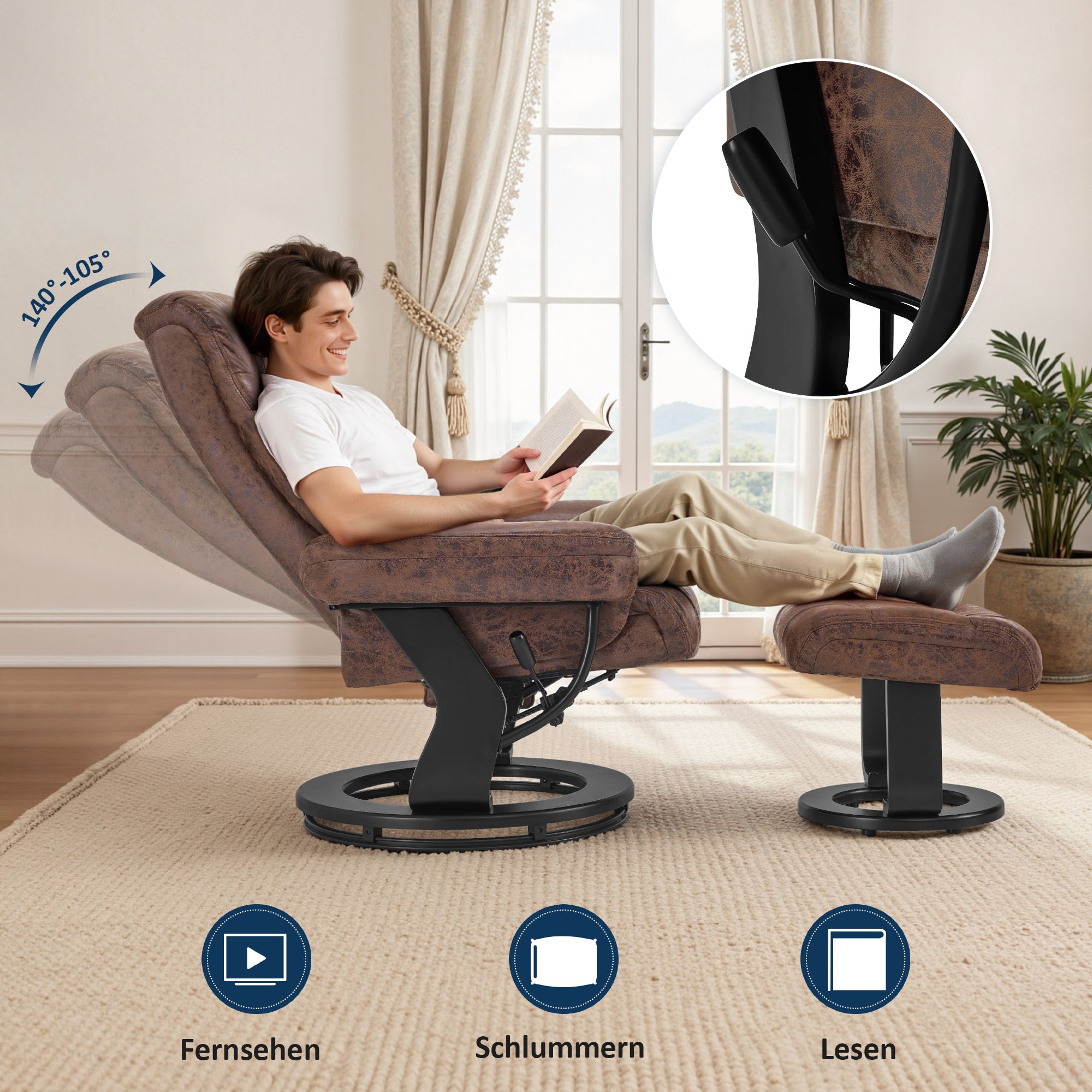 Relaxfauteuil met Hocker - 360° Draaibaar, Kussen & Zaktas, tot 120 kg (9035) – foto 4
