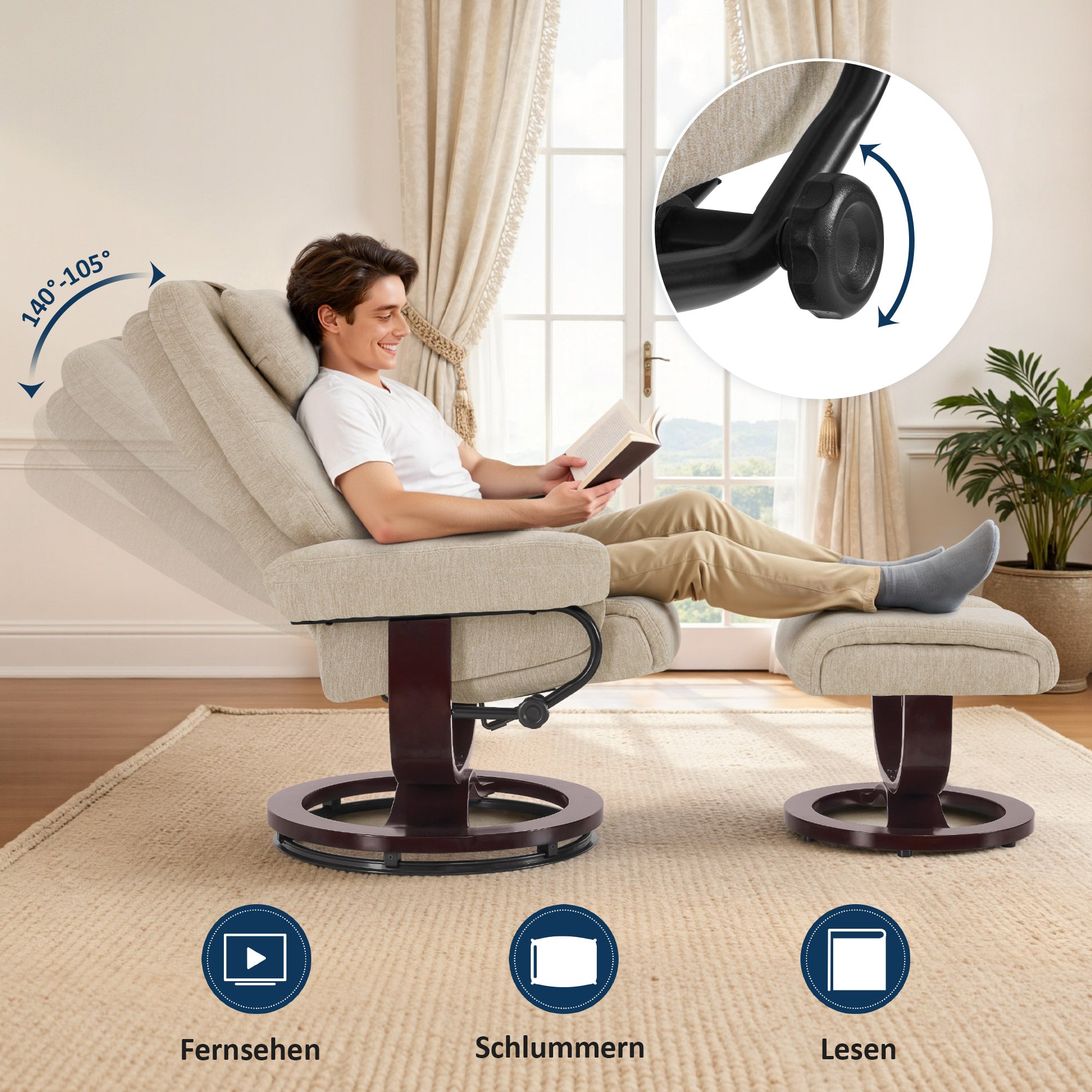 Relaxfauteuil met Hocker - 360° Draaibaar, Verstelbaar Kussen & Zaktas (9046) – foto 12