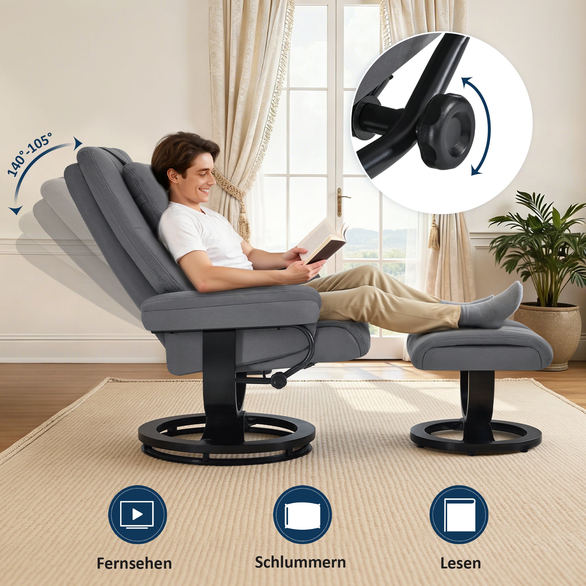 Relaxfauteuil met Hocker - 360° Draaibaar, Verstelbaar Kussen & Zaktas (9046) – foto 5