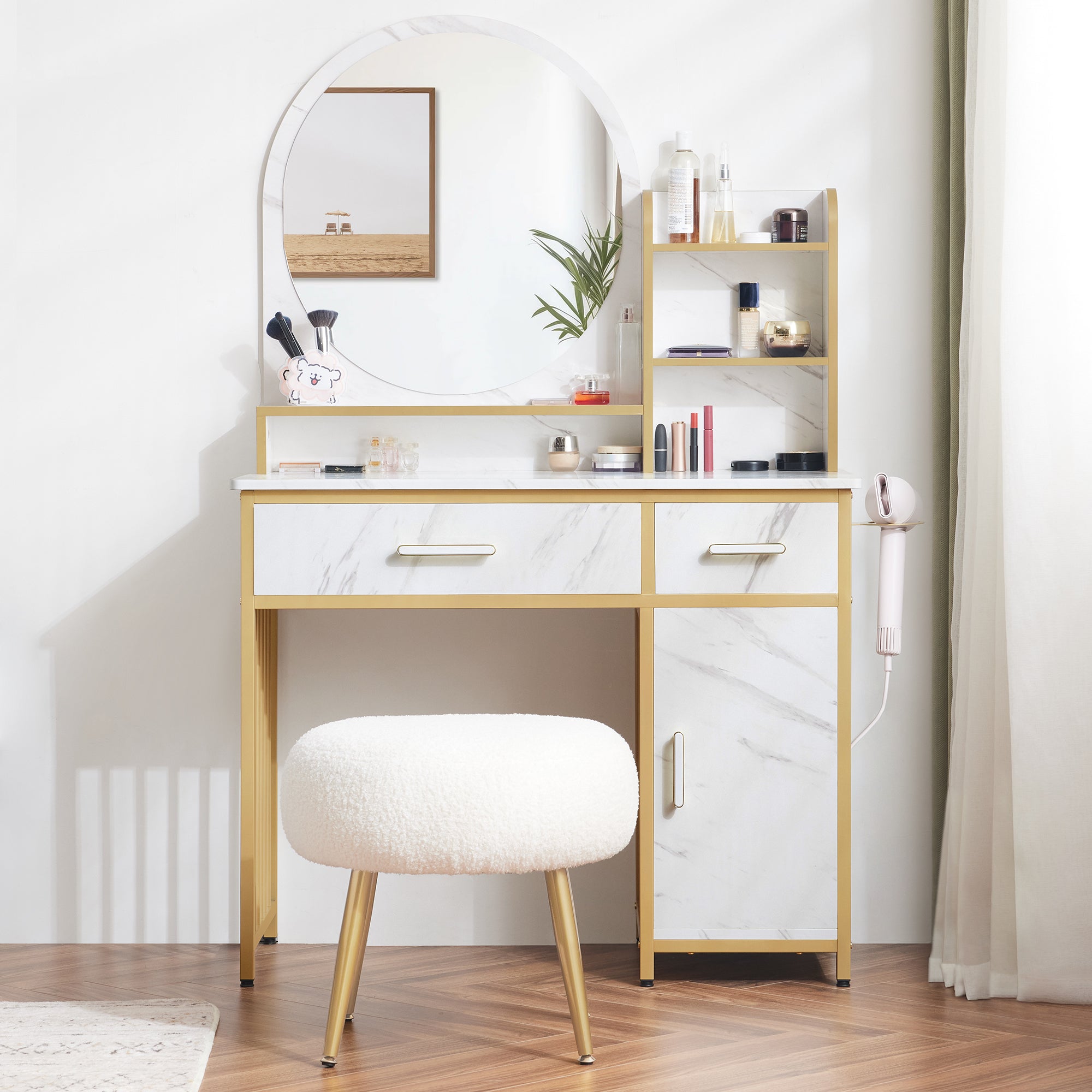 Kaptafel met Spiegel & 2 Lades, 3 Open Planken, Föhnhouder, 43x104x147,5 cm, 2501 – foto 2