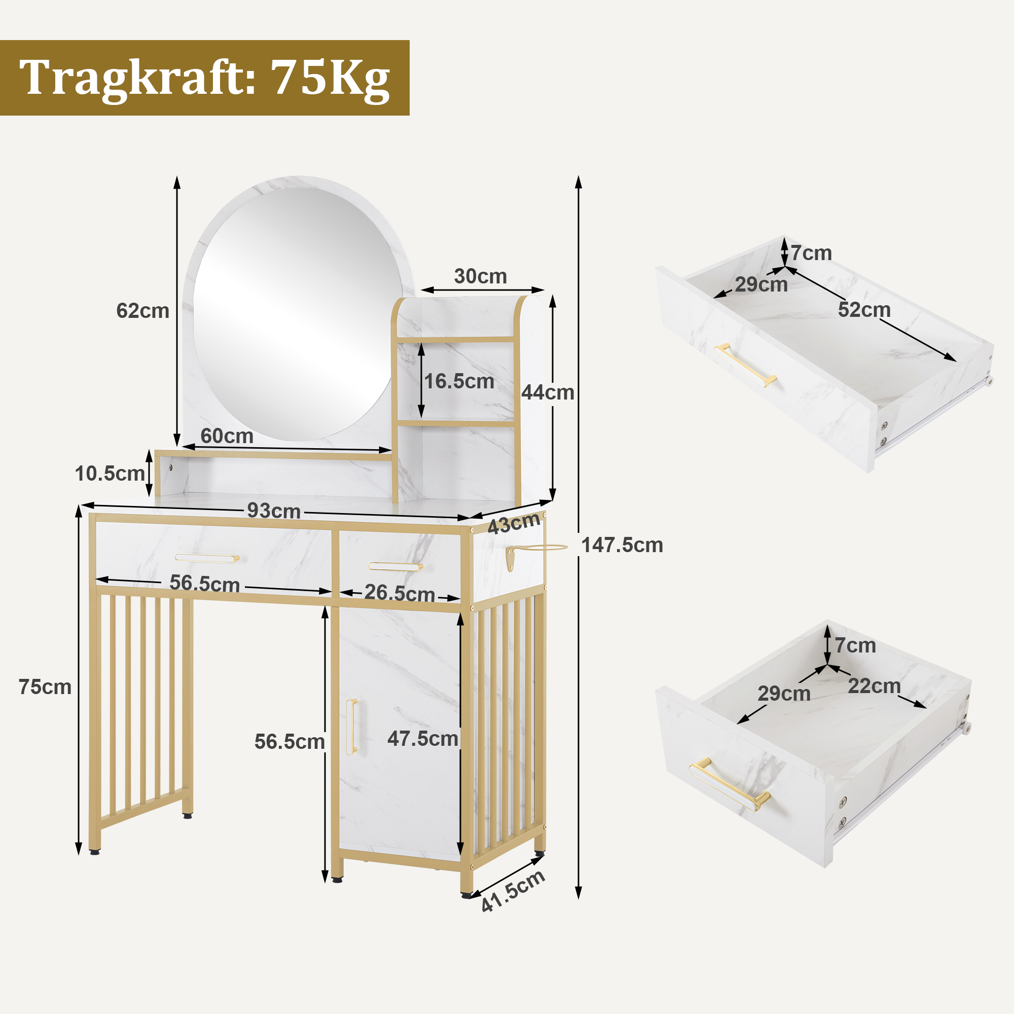 Kaptafel met Spiegel & 2 Lades, 3 Open Planken, Föhnhouder, 43x104x147,5 cm, 2501 – foto 3