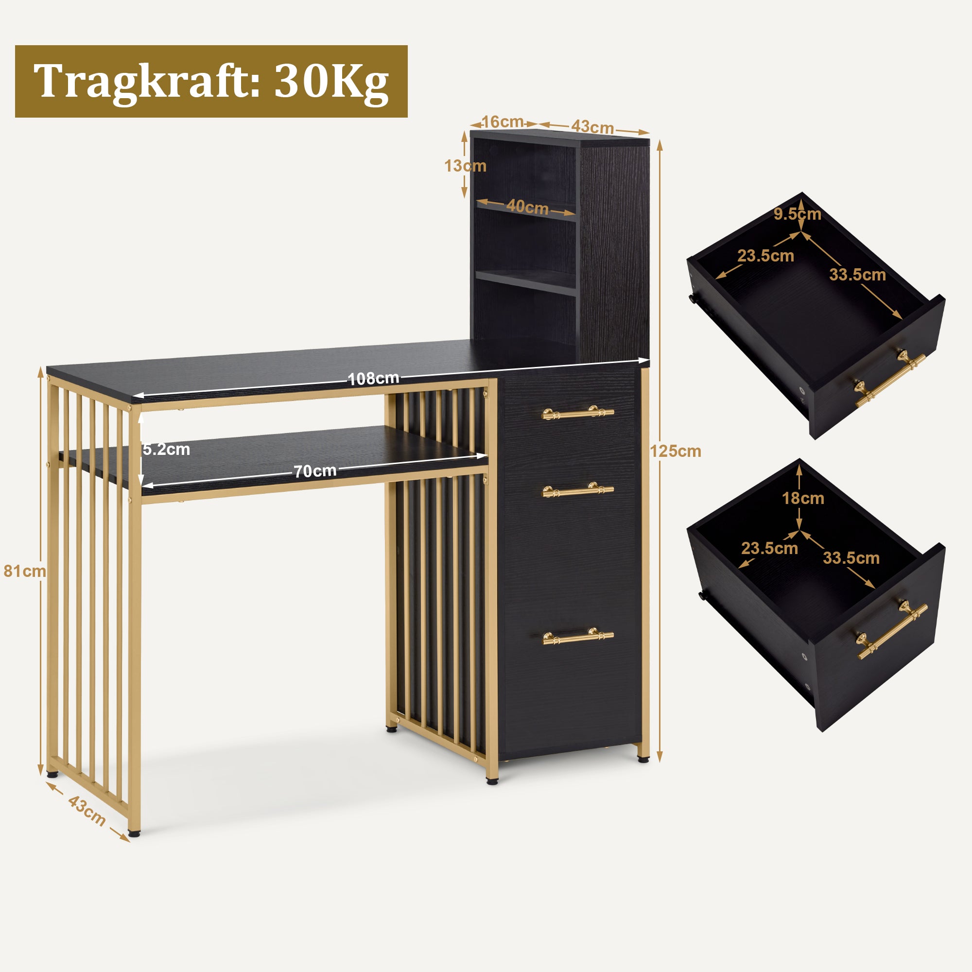 Bureau met 3 lades, Nageltafel van hout & metaal, Kaptafel & Computertafel – foto 11