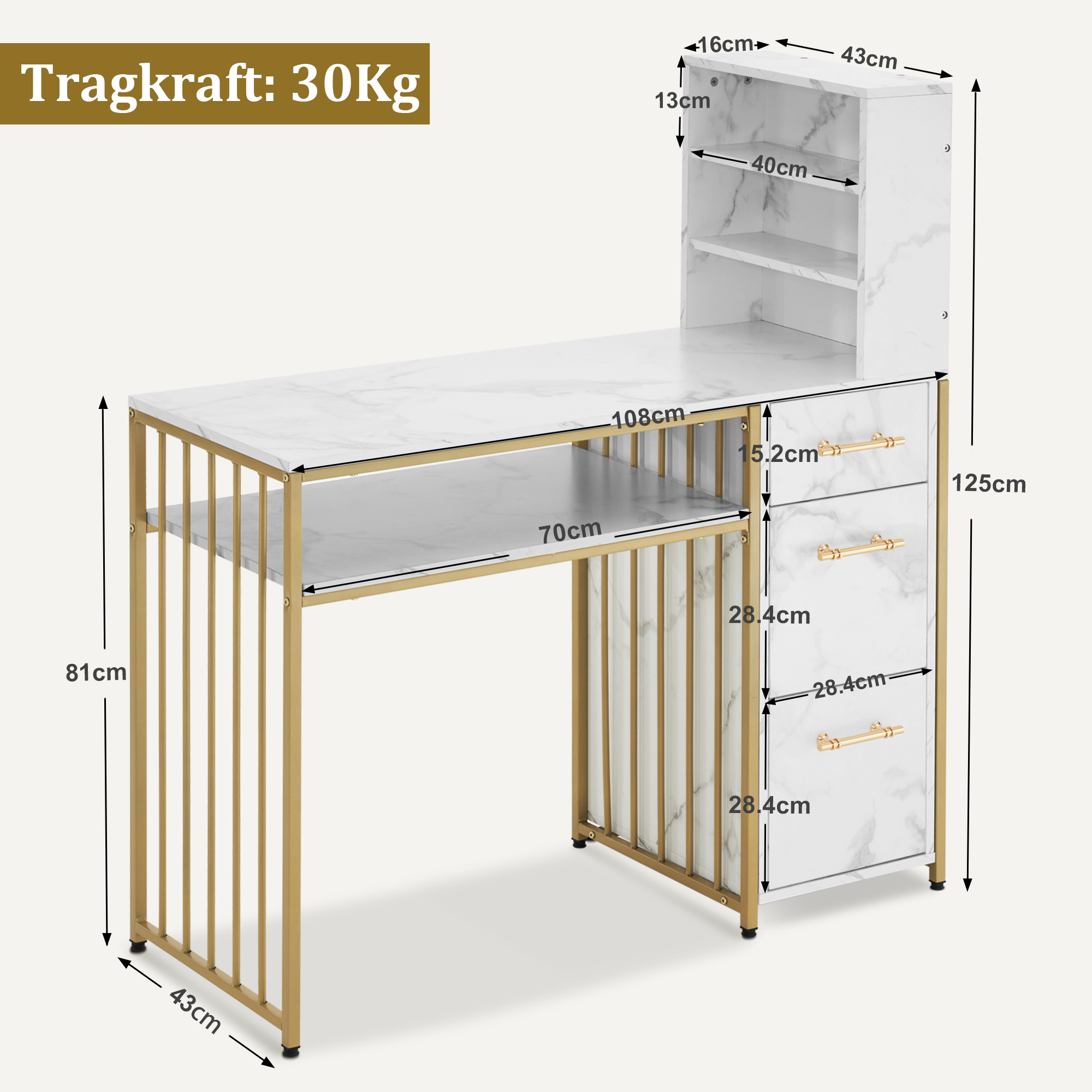 Bureau met 3 lades, Nageltafel van hout & metaal, Kaptafel & Computertafel – foto 3