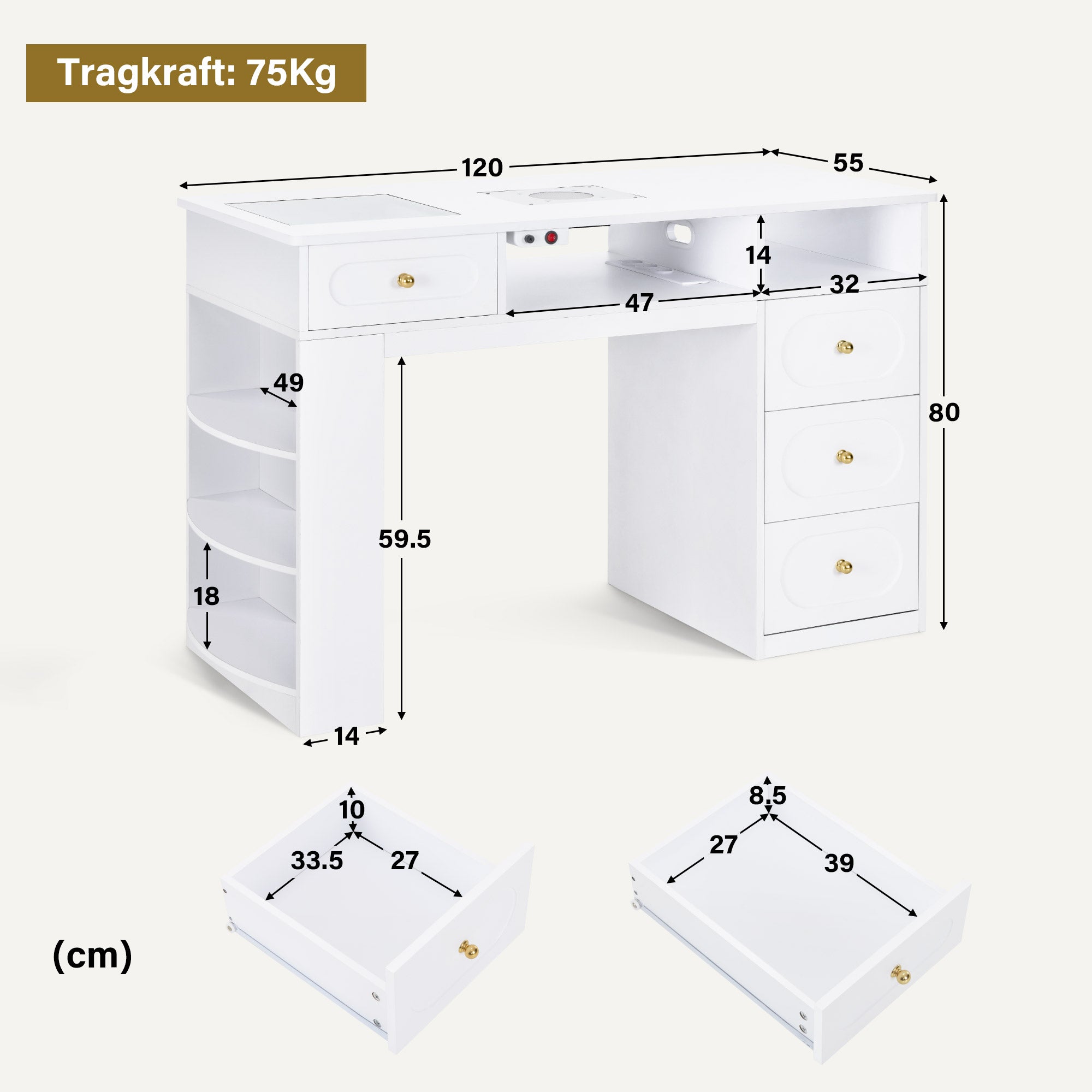 Nageltafel met 4 lades, plank, glasplaat, afzuiging en 2 stofzakken (wit) – foto 3