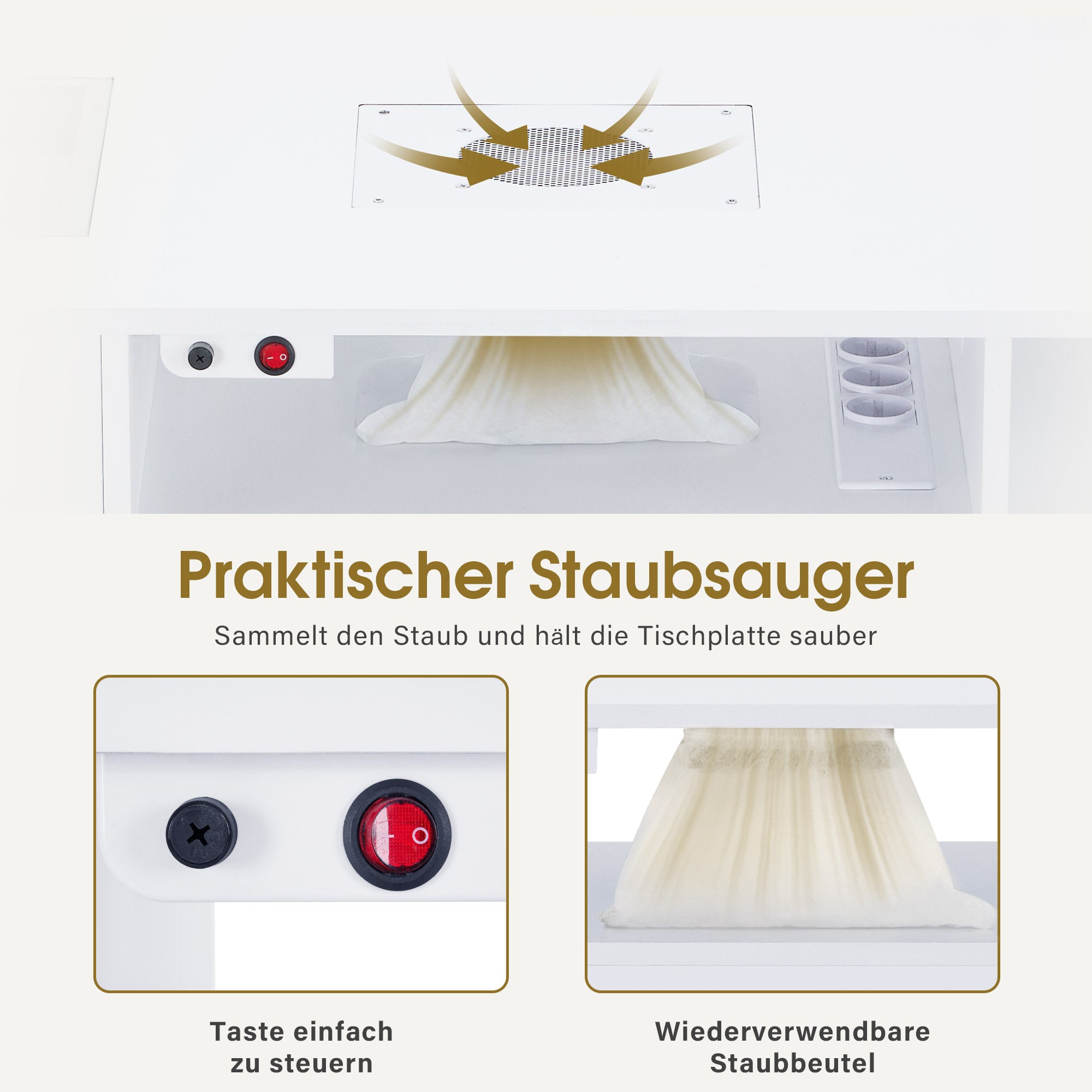 Nageltafel met 4 lades, plank, glasplaat, afzuiging en 2 stofzakken (wit) – foto 4
