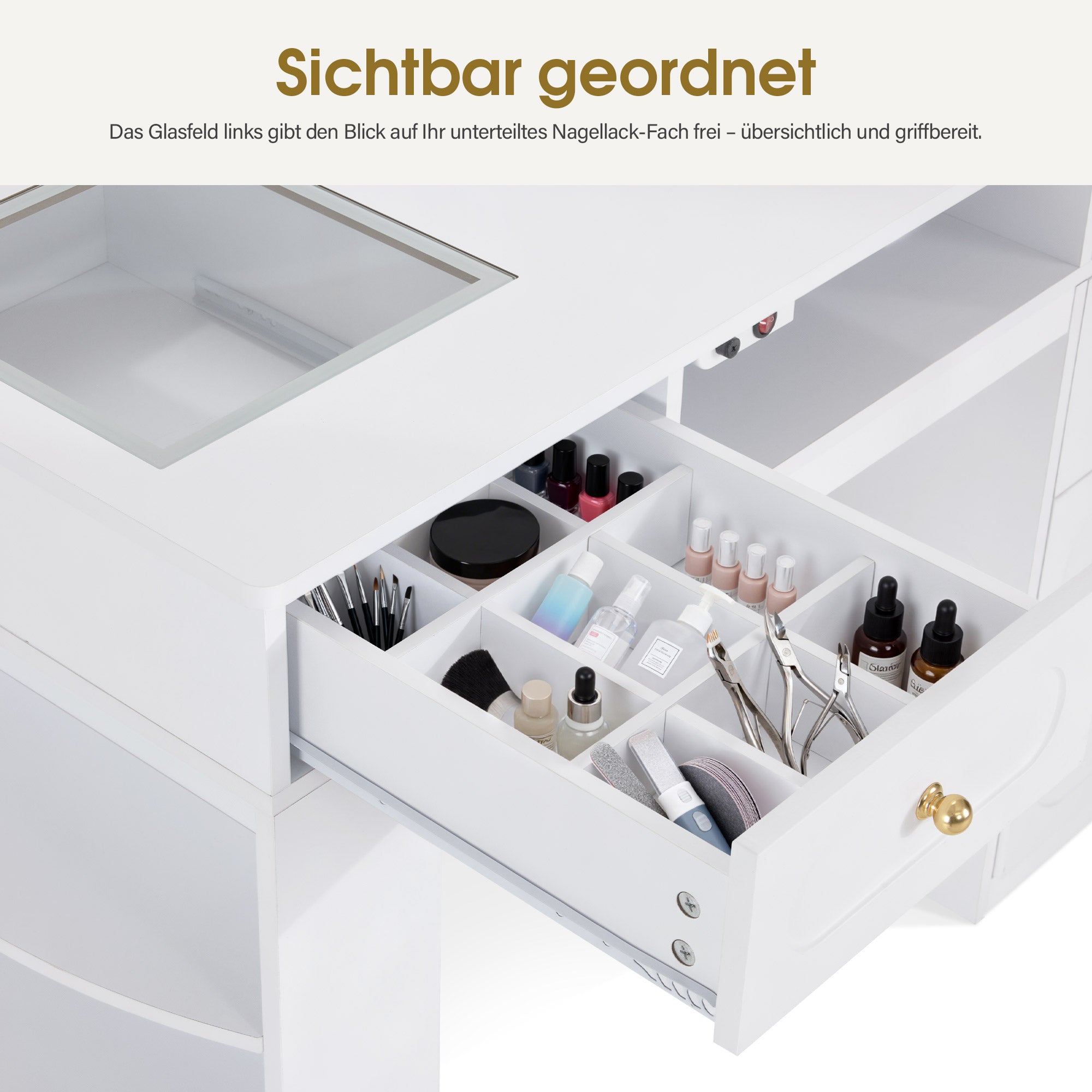 Nageltafel met 4 lades, plank, glasplaat, afzuiging en 2 stofzakken (wit) – foto 7