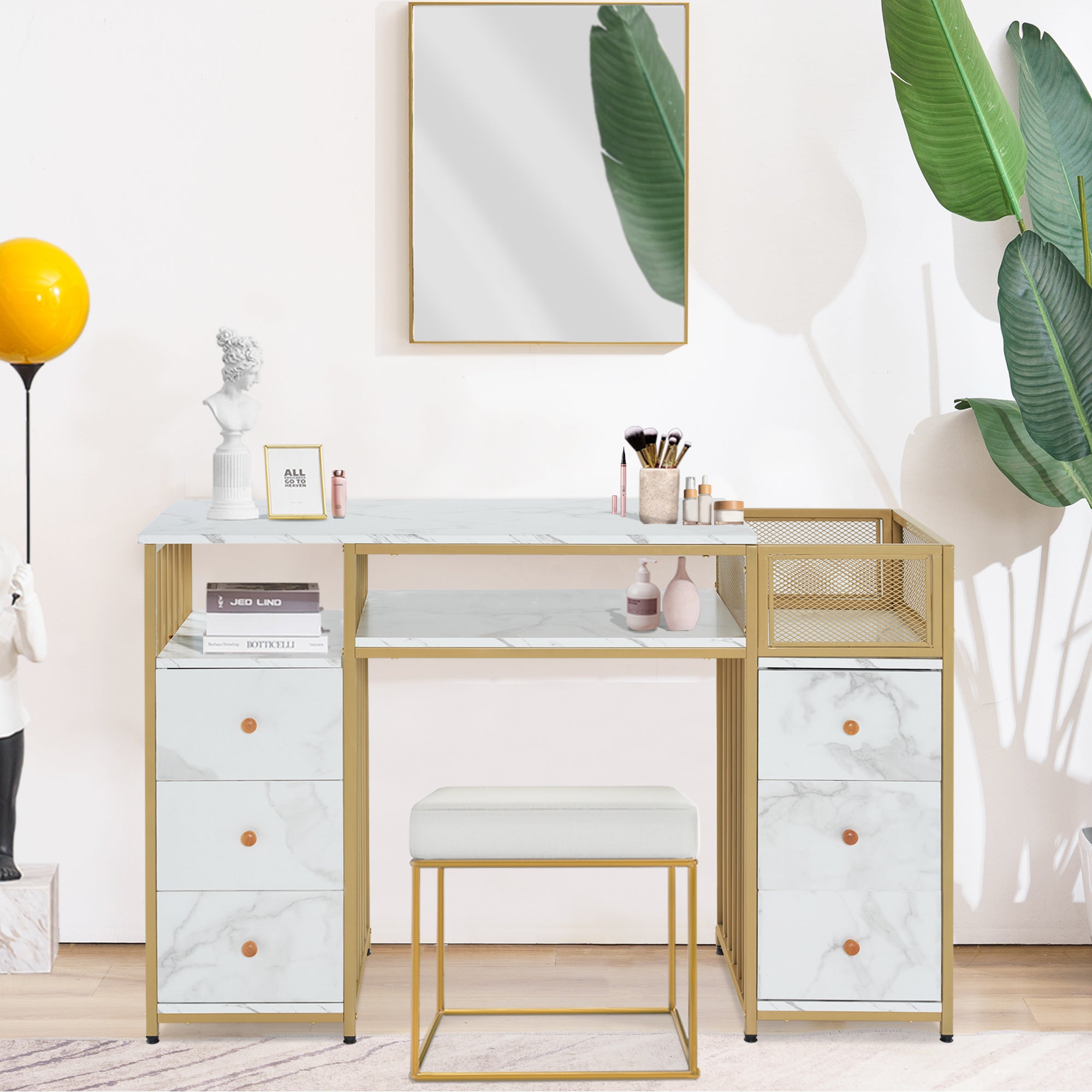 Bureau met 6 lades, Nageltafel van hout & metaal, Kaptafel & Opbergtafel – foto 2