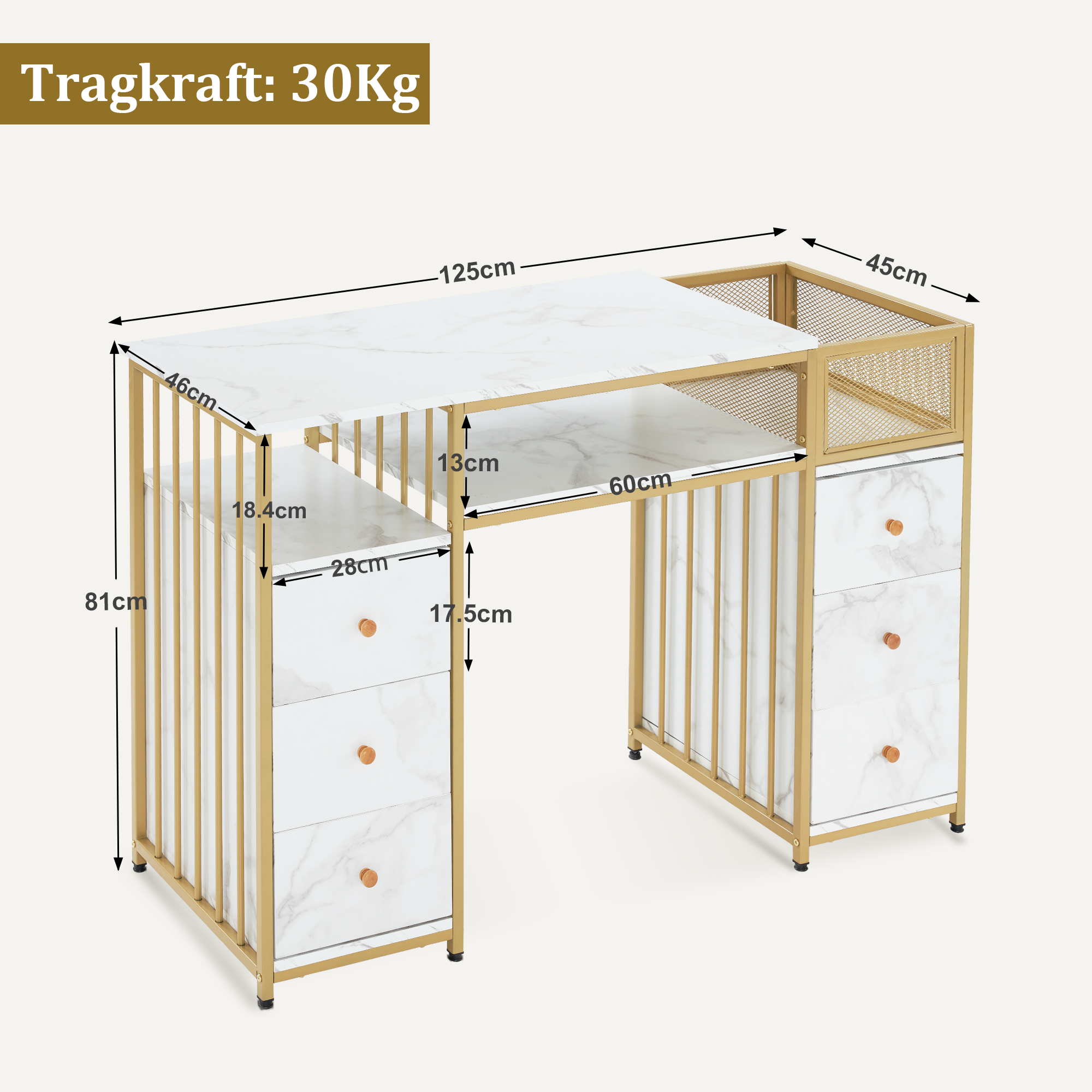 Bureau met 6 lades, Nageltafel van hout & metaal, Kaptafel & Opbergtafel – foto 3