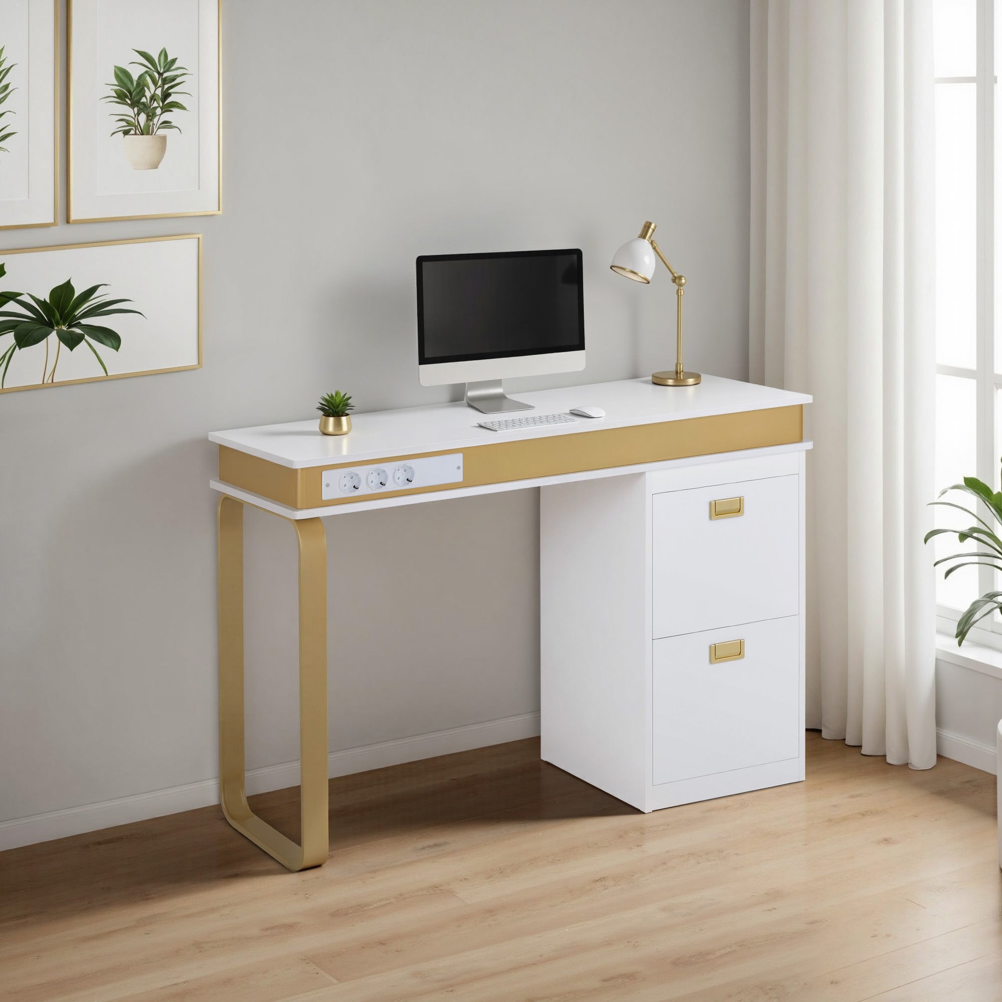 Nageltafel met Lades, 3 Stopcontacten, Wit-Goud, 50x110x80,5cm – foto 2