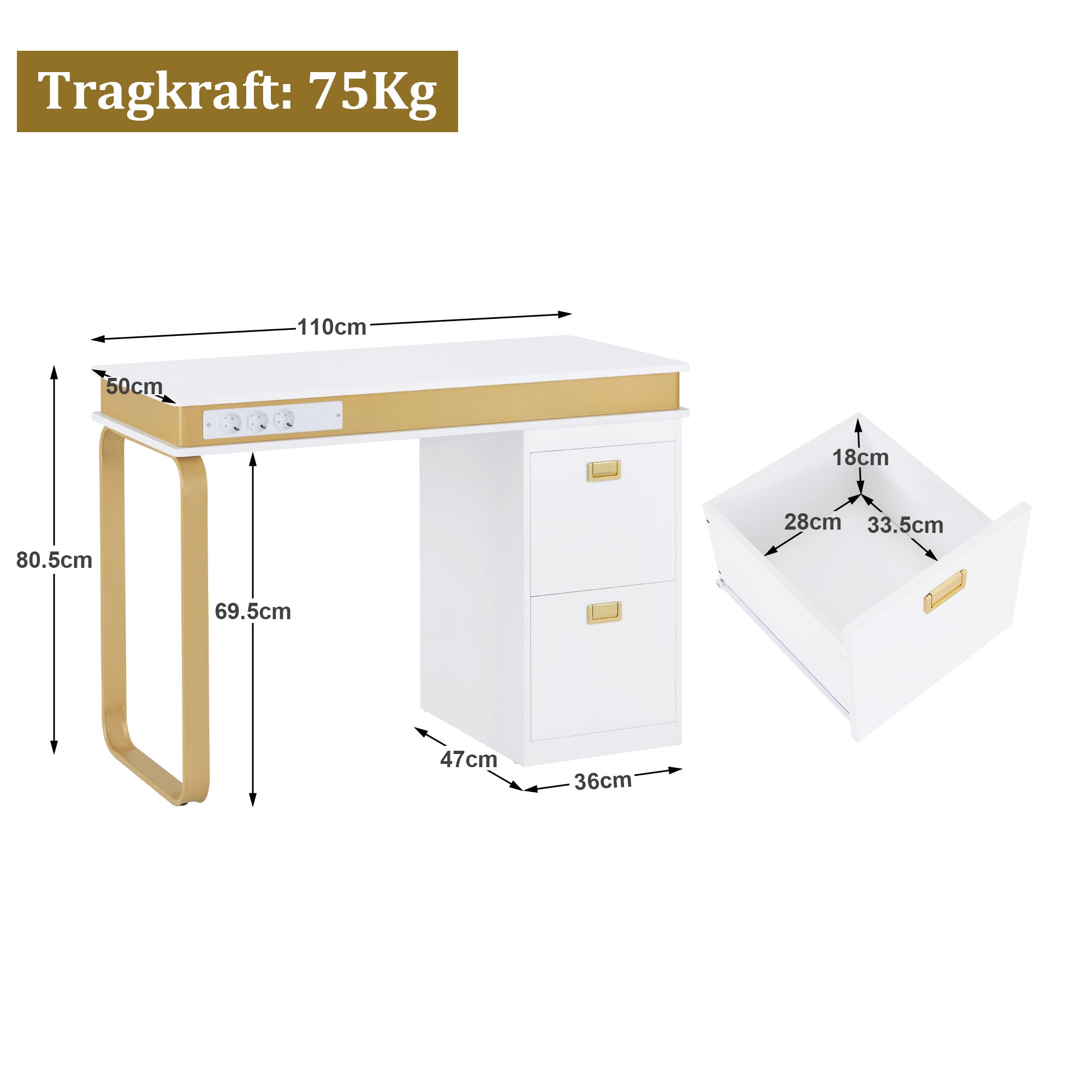 Nageltafel met Lades, 3 Stopcontacten, Wit-Goud, 50x110x80,5cm – foto 4
