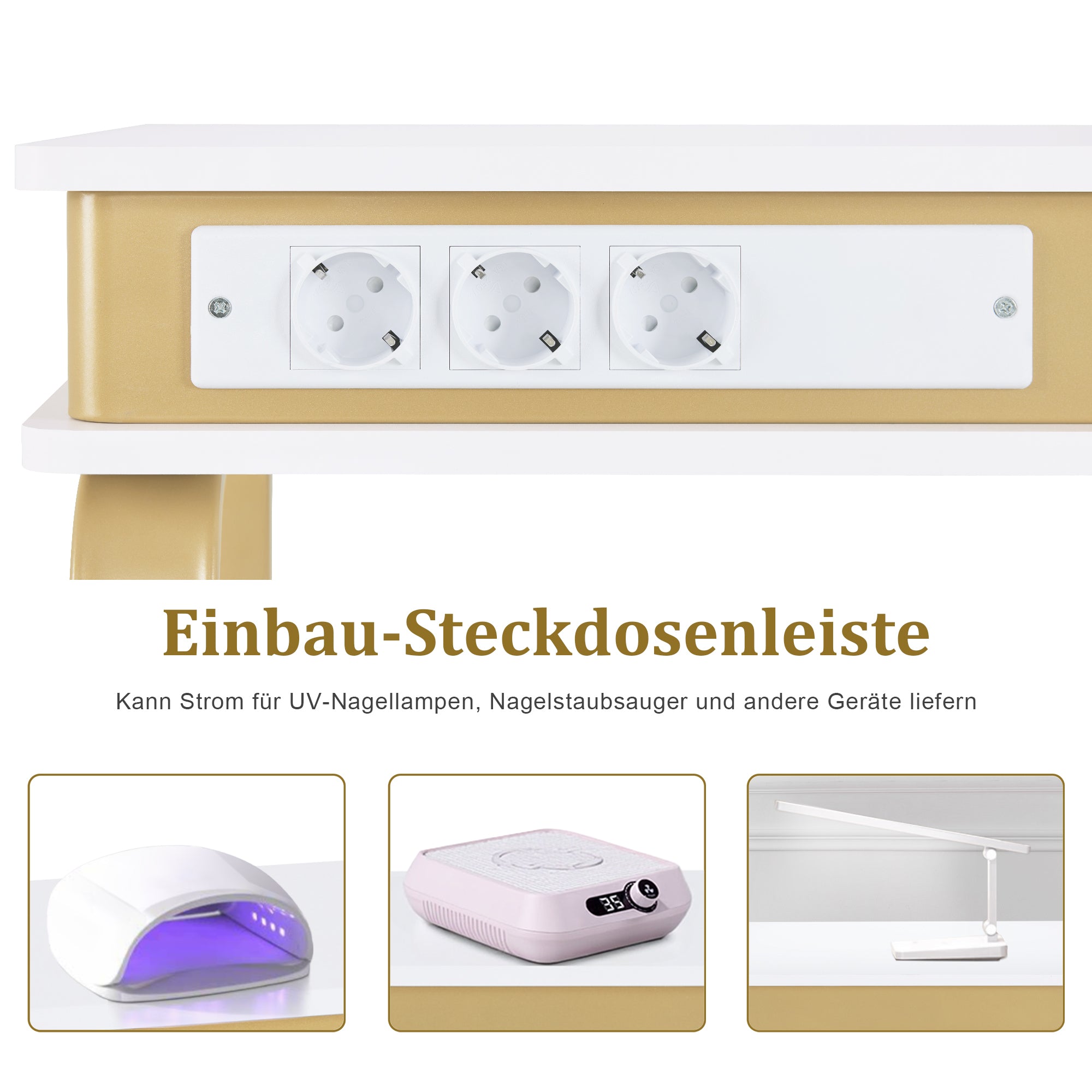 Nageltafel met Lades, 3 Stopcontacten, Wit-Goud, 50x110x80,5cm – foto 5