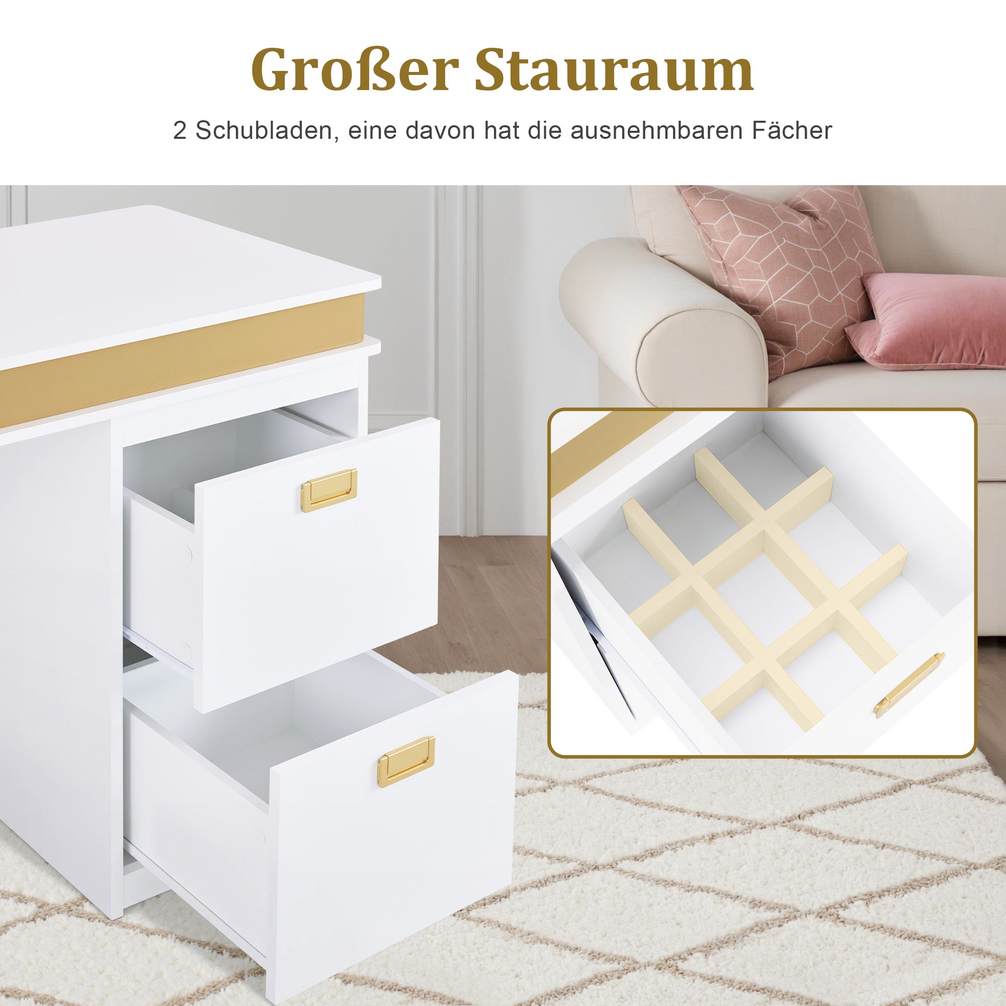 Nageltafel met Lades, 3 Stopcontacten, Wit-Goud, 50x110x80,5cm – foto 6