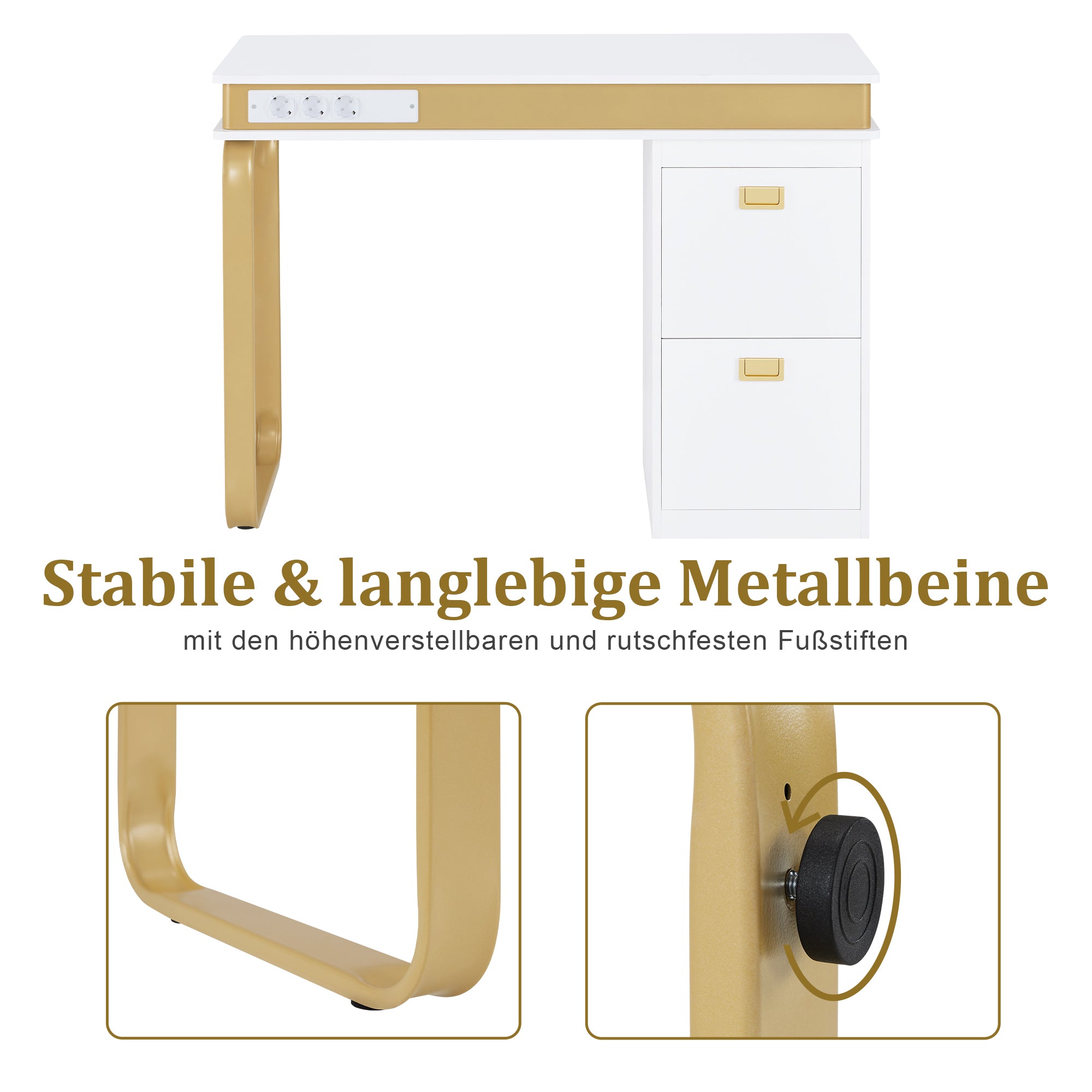 Nageltafel met Lades, 3 Stopcontacten, Wit-Goud, 50x110x80,5cm – foto 7