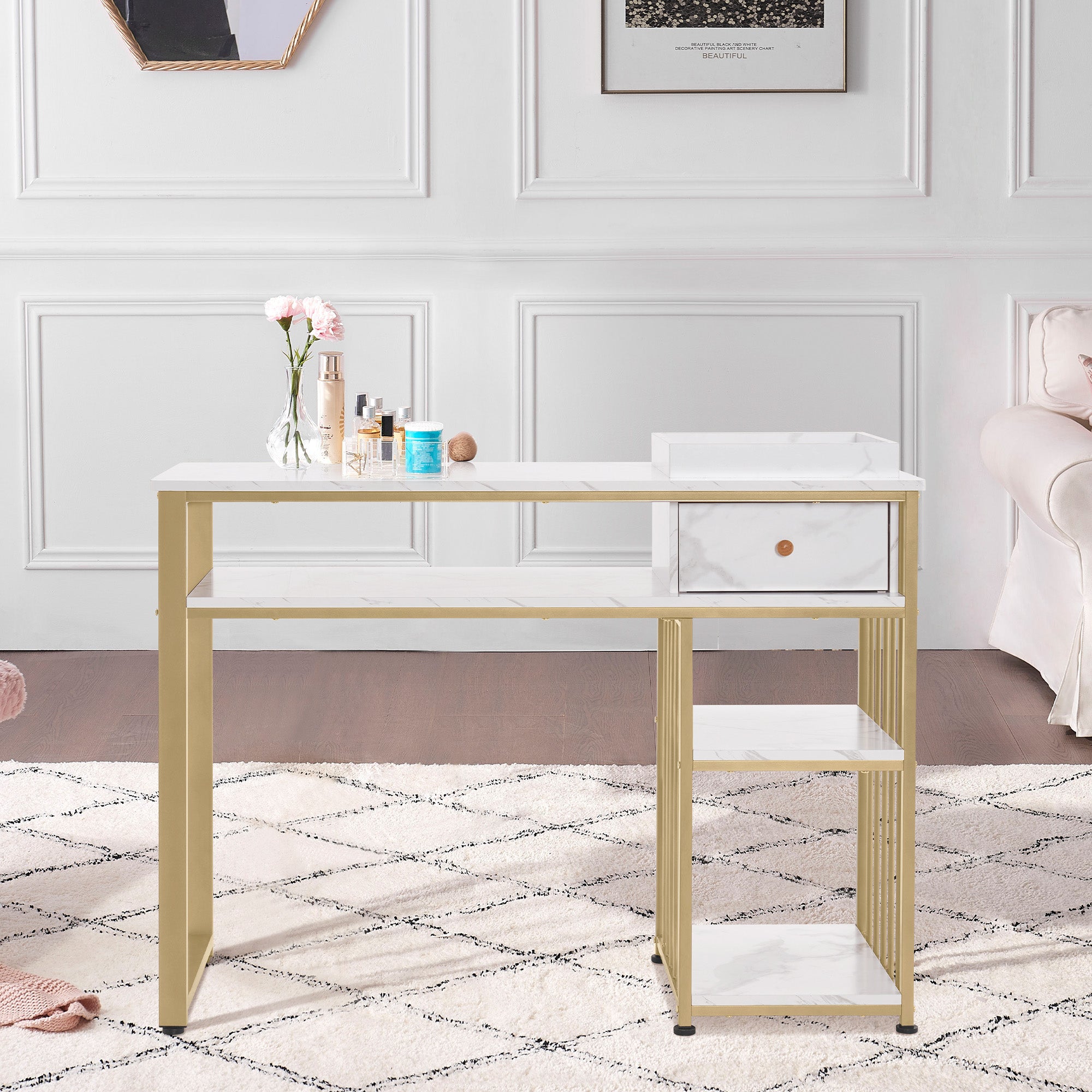 Bureau met lade & plank, Manicuretafel, Wit Marmer/Goud, 45x110x80.5cm – foto 2