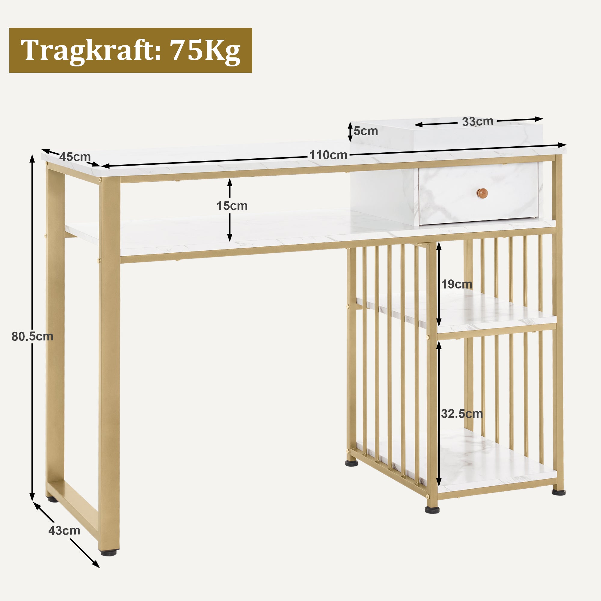 Bureau met lade & plank, Manicuretafel, Wit Marmer/Goud, 45x110x80.5cm – foto 3
