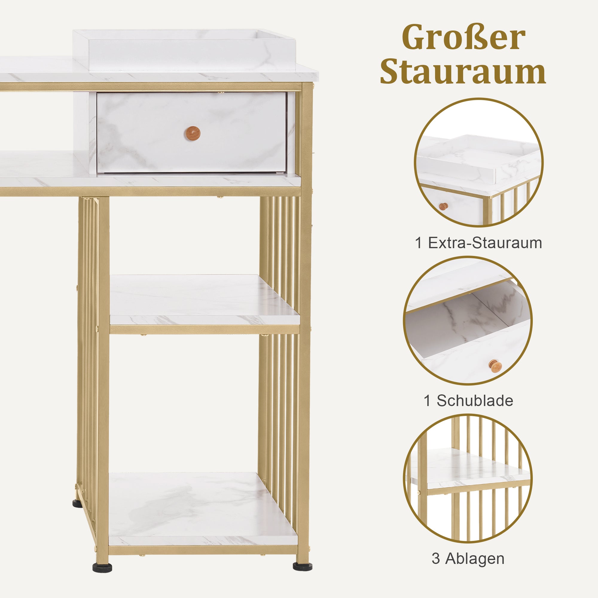 Bureau met lade & plank, Manicuretafel, Wit Marmer/Goud, 45x110x80.5cm – foto 4