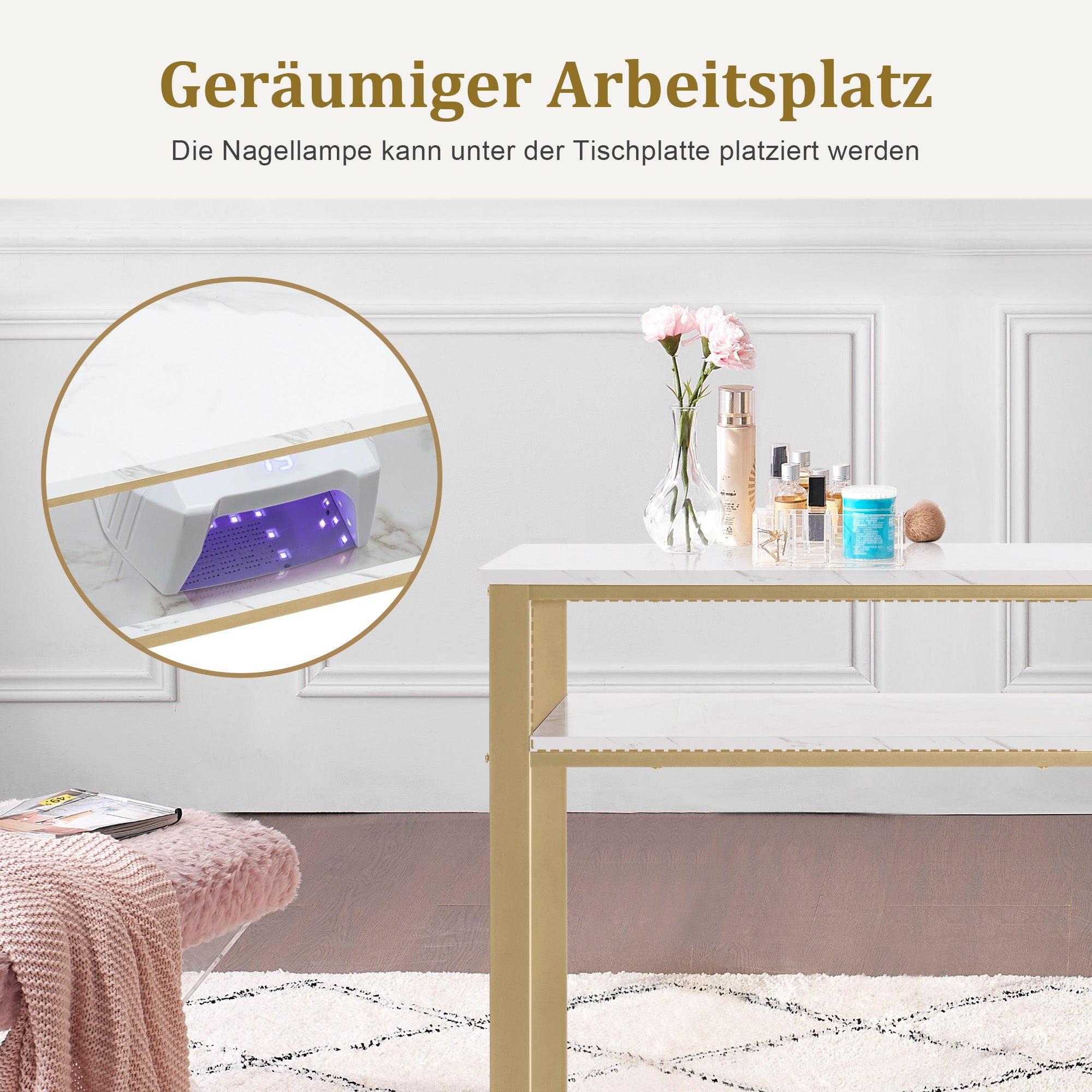 Bureau met lade & plank, Manicuretafel, Wit Marmer/Goud, 45x110x80.5cm – foto 5