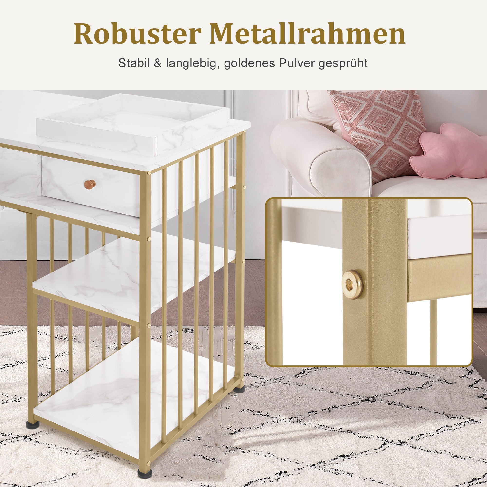 Bureau met lade & plank, Manicuretafel, Wit Marmer/Goud, 45x110x80.5cm – foto 6
