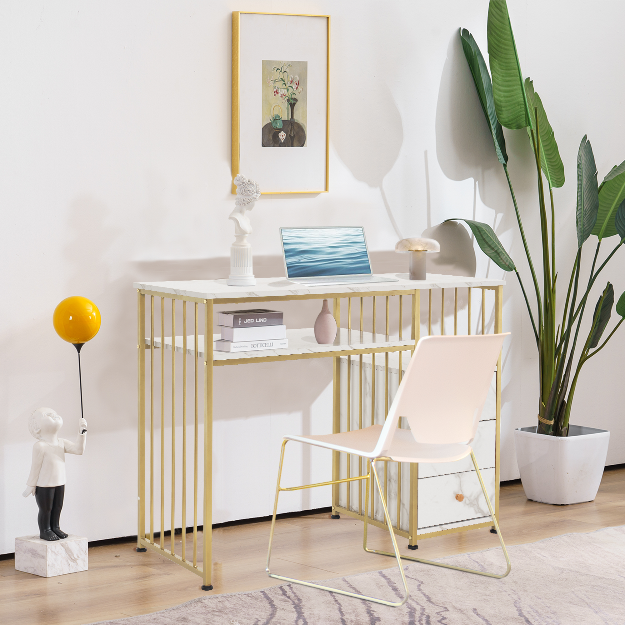 Bureau met lades, kaptafel zonder spiegel, nageltafel, hout met metalen frame – foto 2