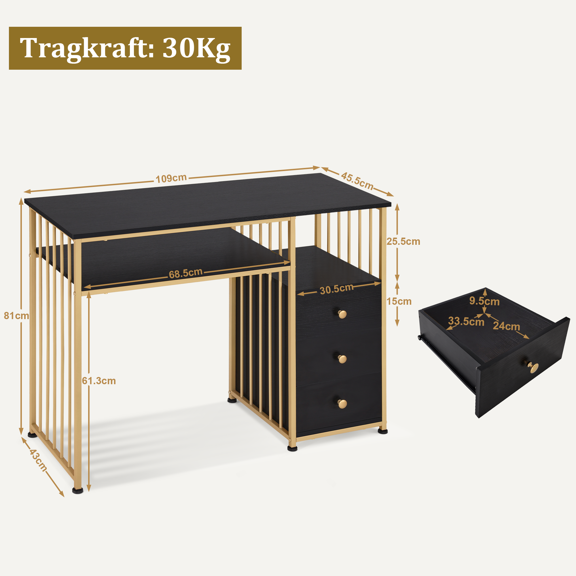 Bureau met lades, kaptafel zonder spiegel, nageltafel, hout met metalen frame – foto 12